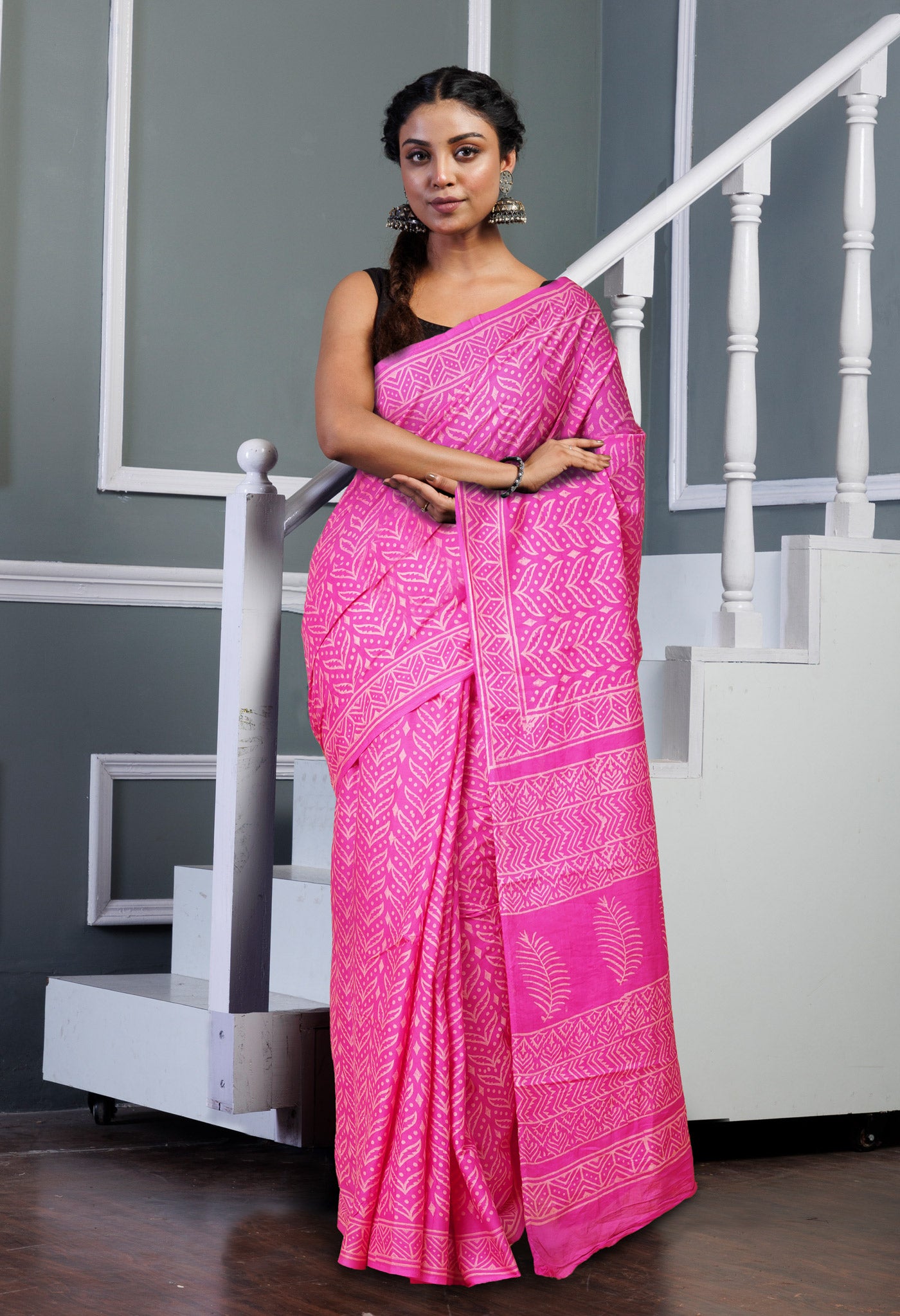 Pink Pure Hand Block Printed Soft Cotton Saree-UNM78194