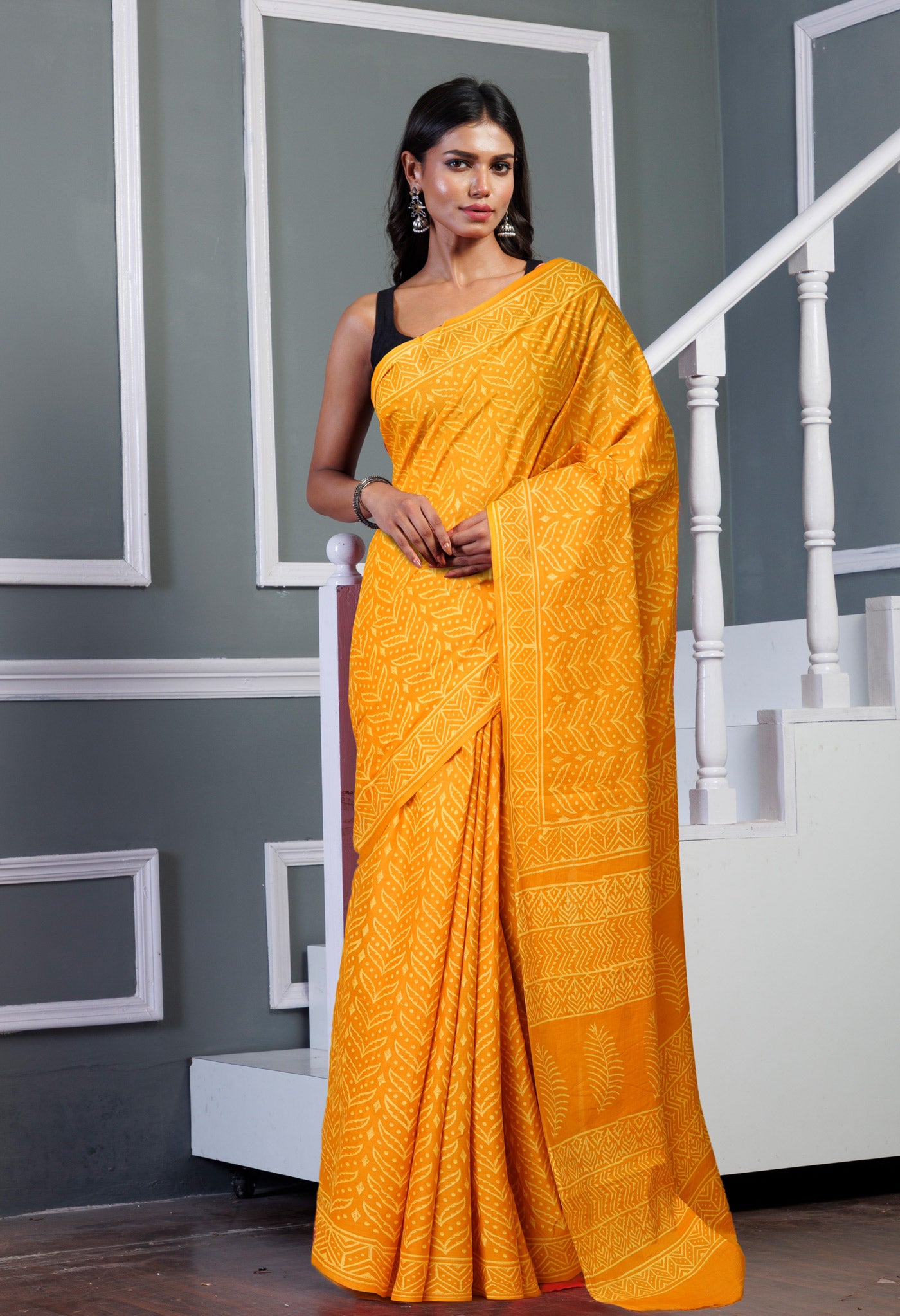 Yellow Pure Hand Block Printed Soft Cotton Saree-UNM78197