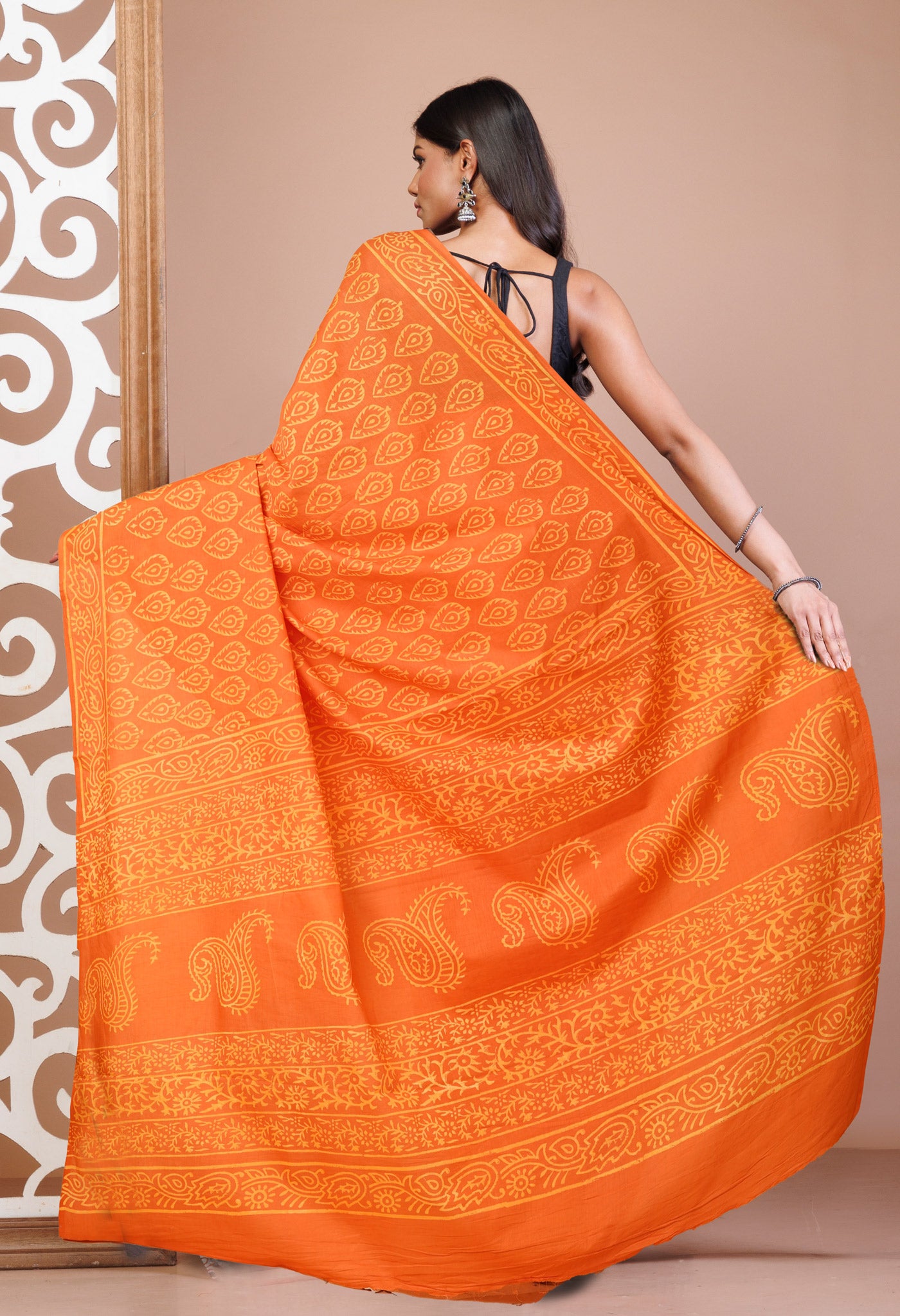 Orange Pure Hand Block Printed Soft Cotton Saree-UNM78214