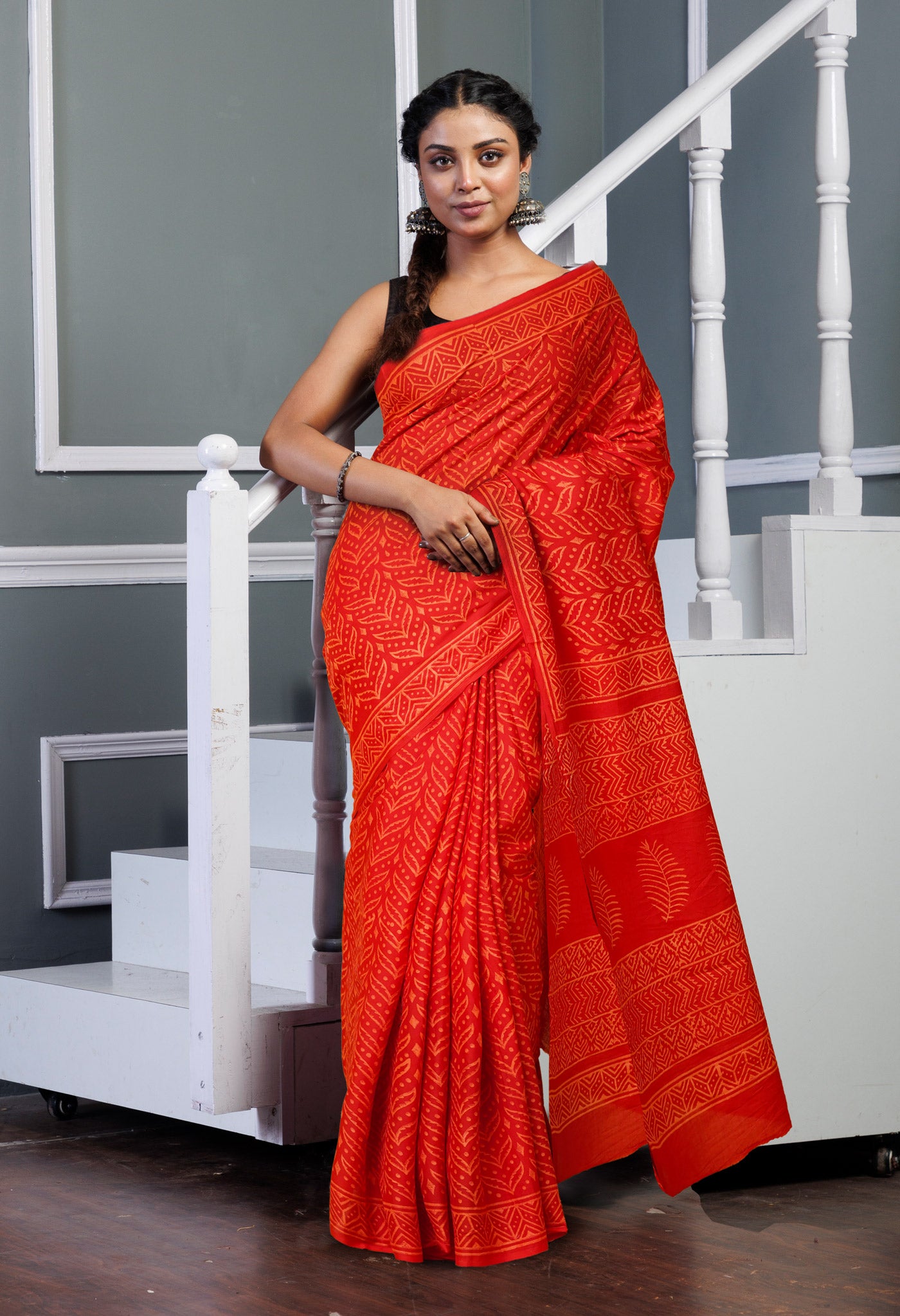 Red Pure Hand Block Printed Soft Cotton Saree-UNM78216