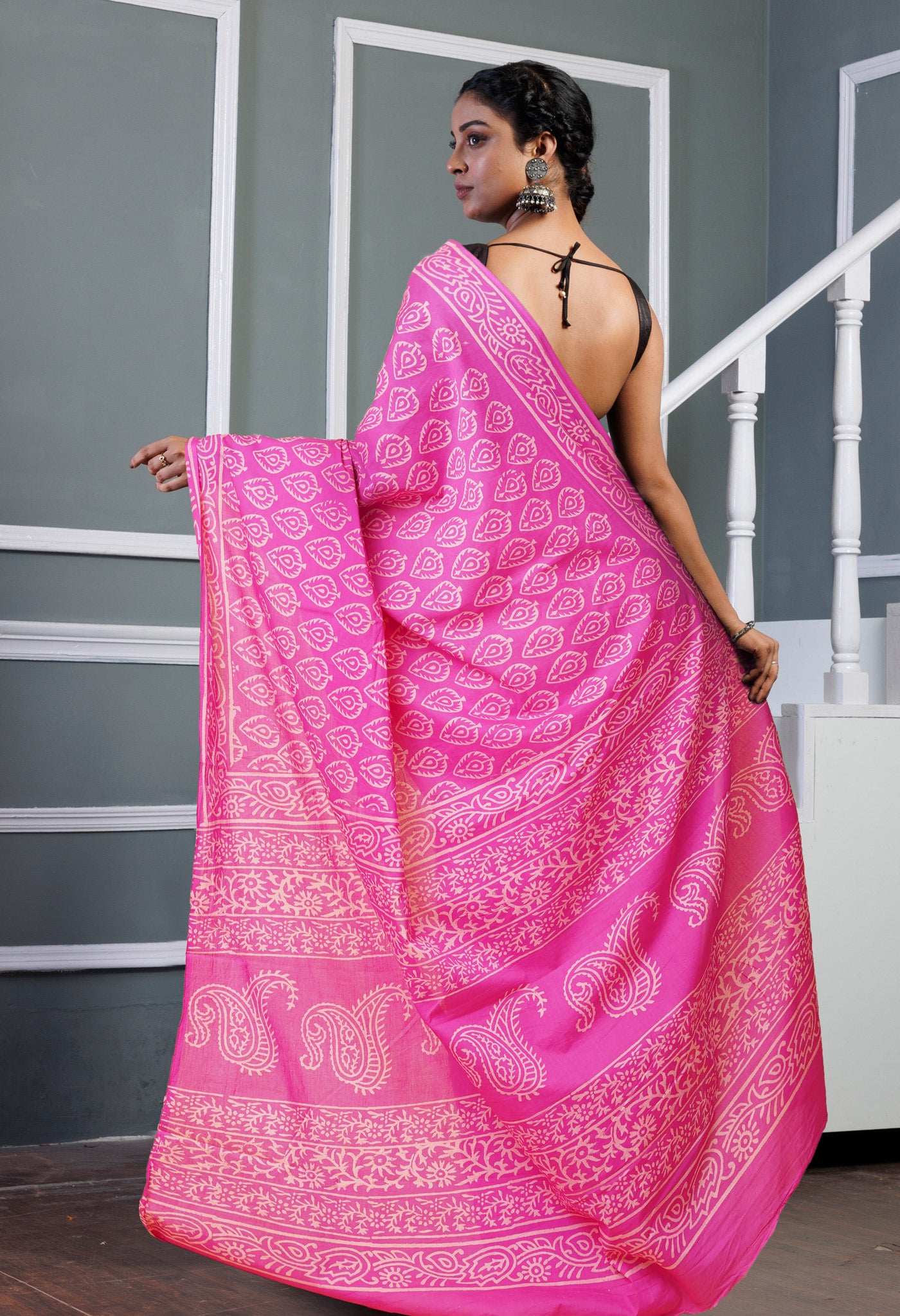 Pink Pure Hand Block Printed Soft Cotton Saree-UNM78233