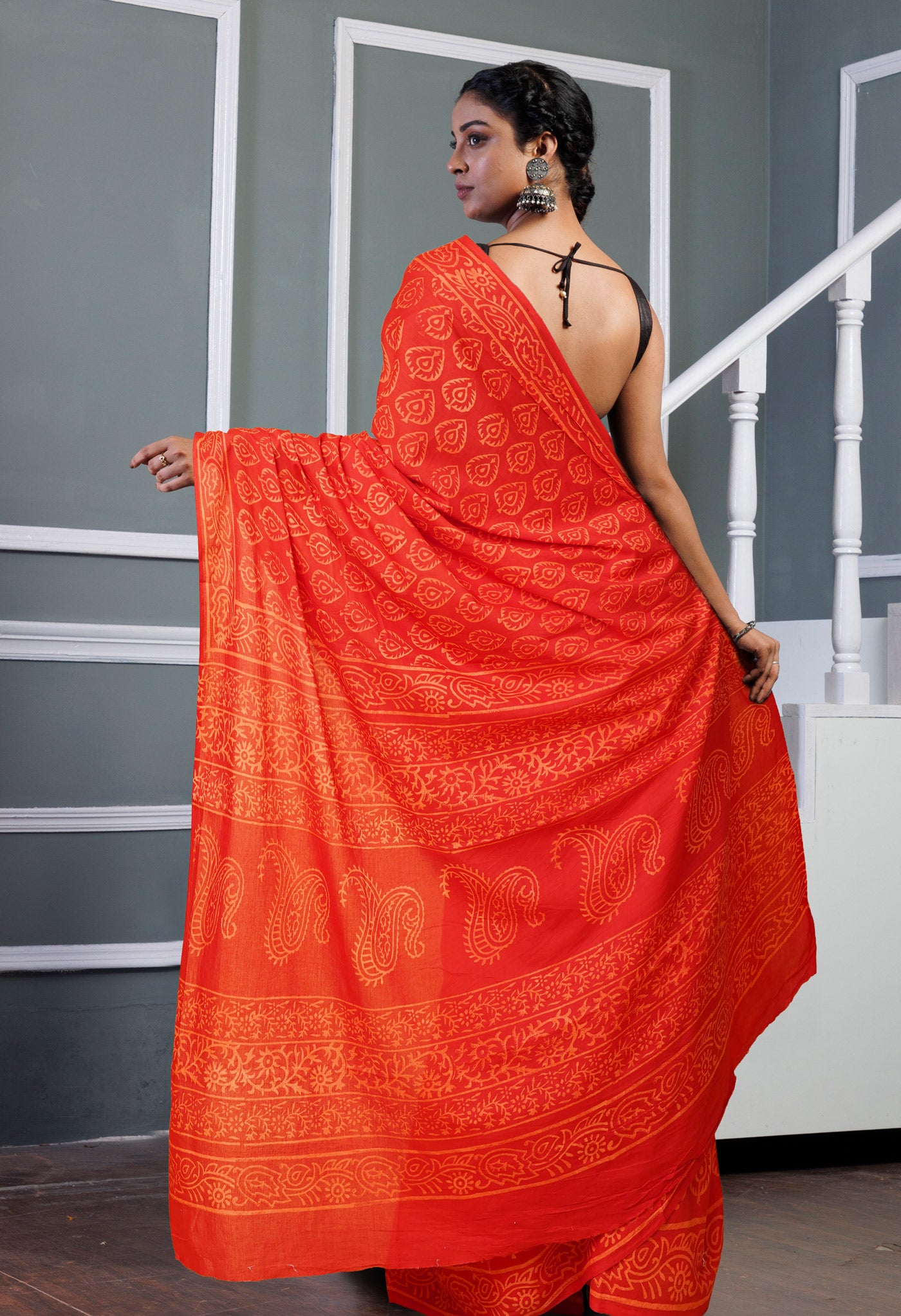 Red Pure Hand Block Printed Soft Cotton Saree-UNM78236