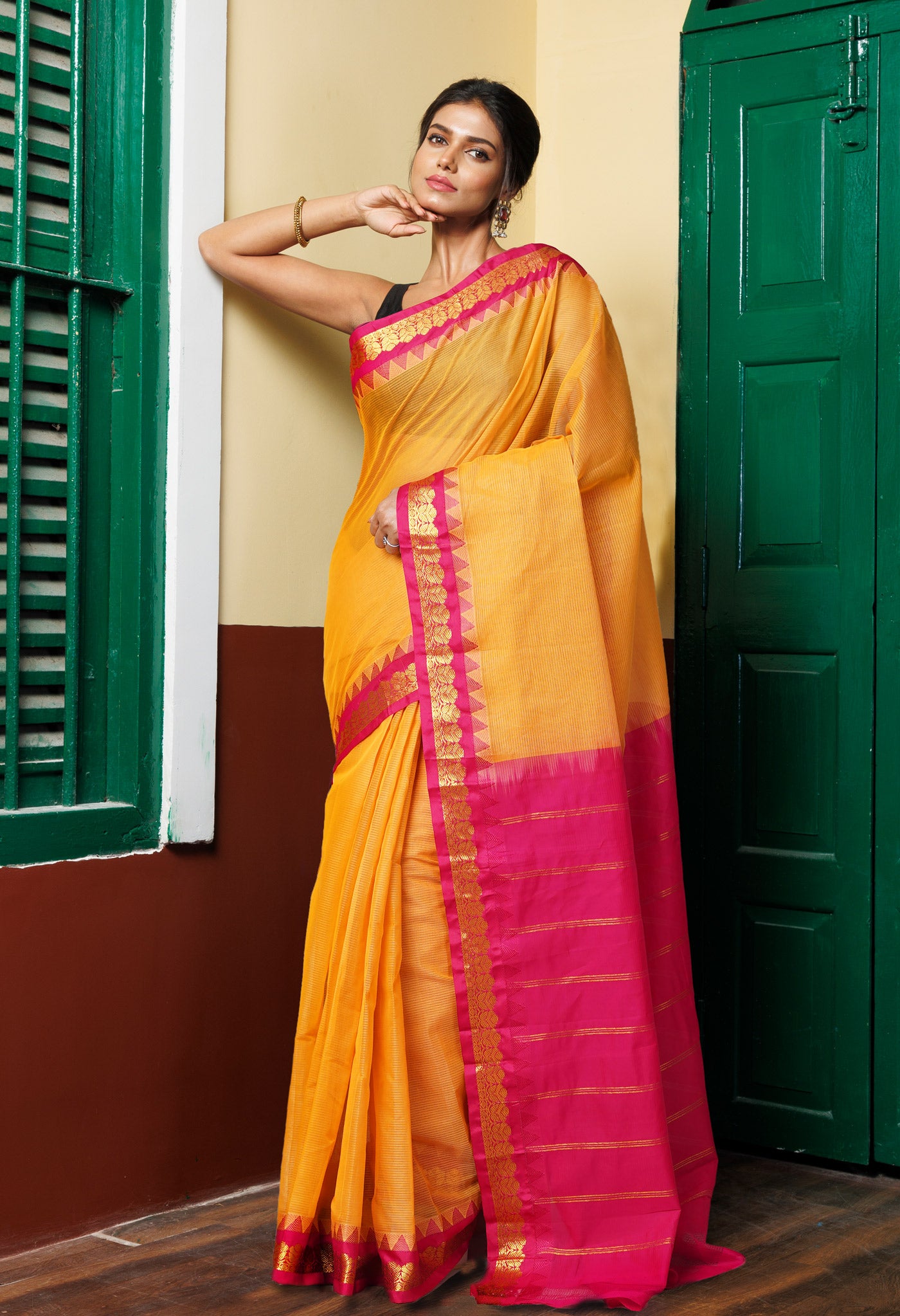 Yellow Pure Handloom Gadwal Cotton Saree