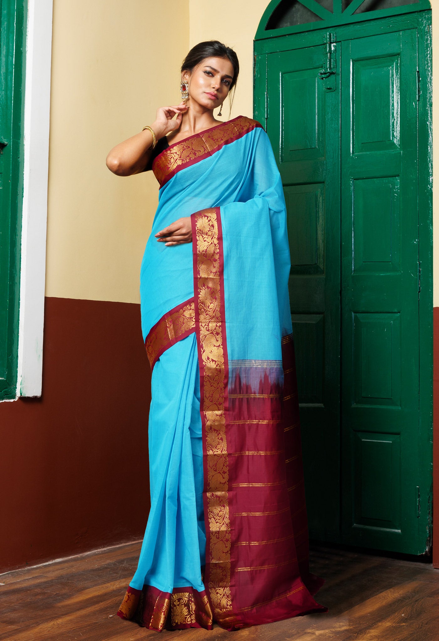 Blue Pure Handloom Gadwal Cotton Saree-UNM78416
