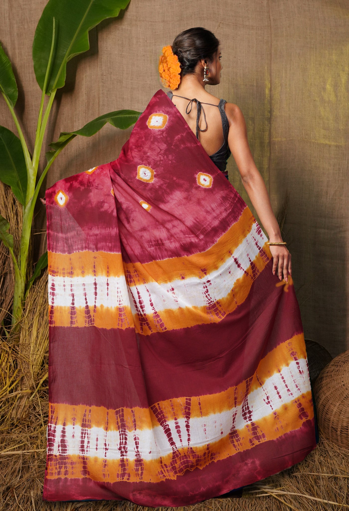 Burgundy Pure  Tie And Dye Shibori Bandhani Printed Soft Cotton Saree-UNM78508