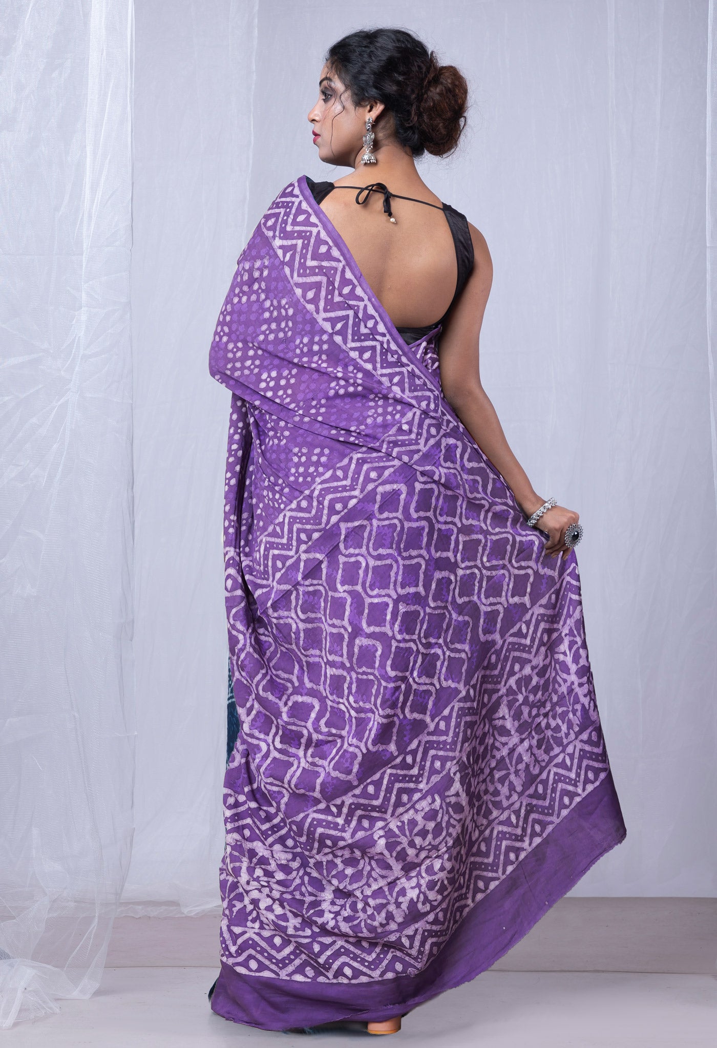Violet Pure  Dabu Printed Mulmul Cotton Saree-UNM78959