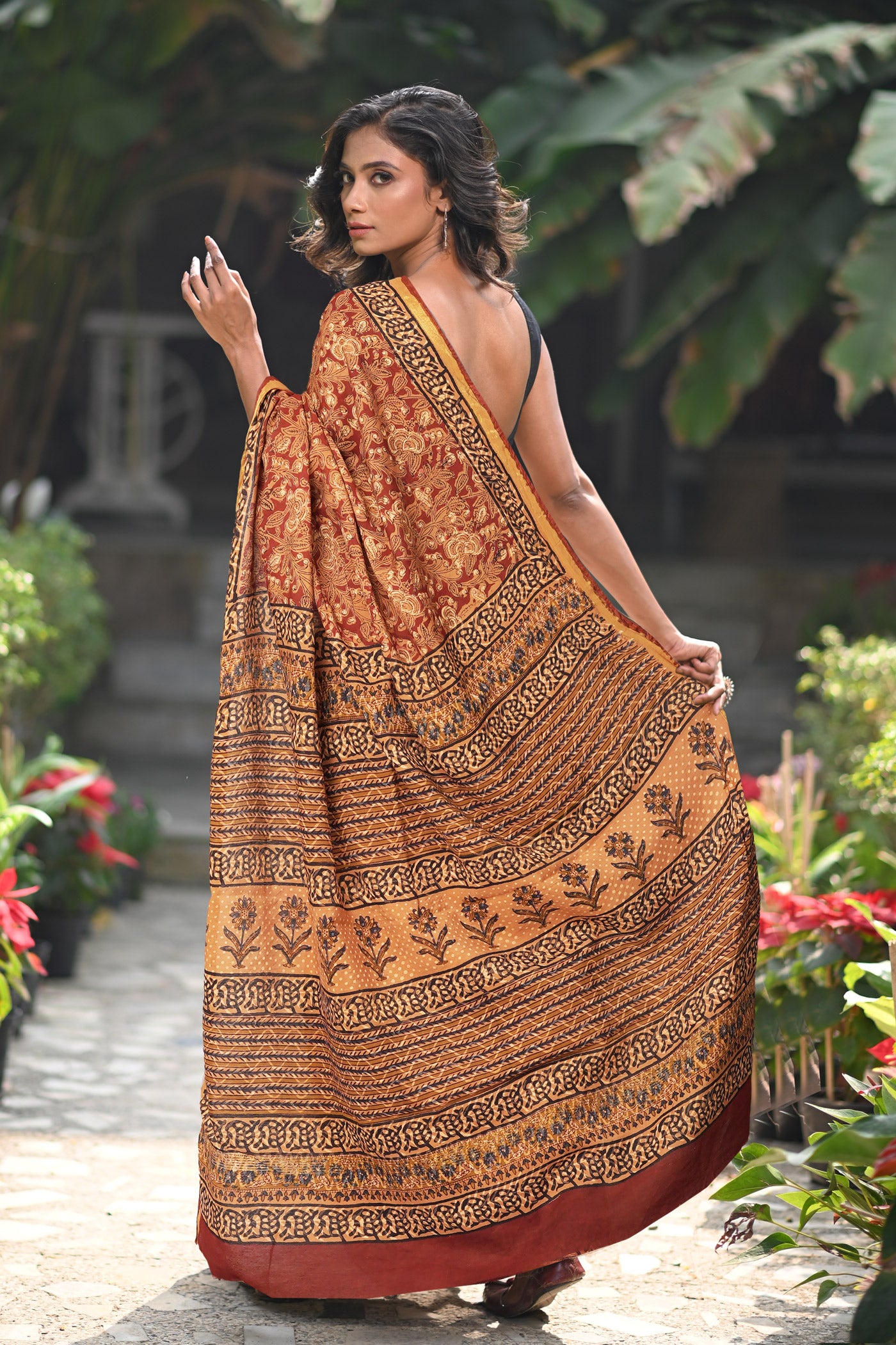 Orange Pure Bagru Printed Pashmina Sico Saree-UNM79293