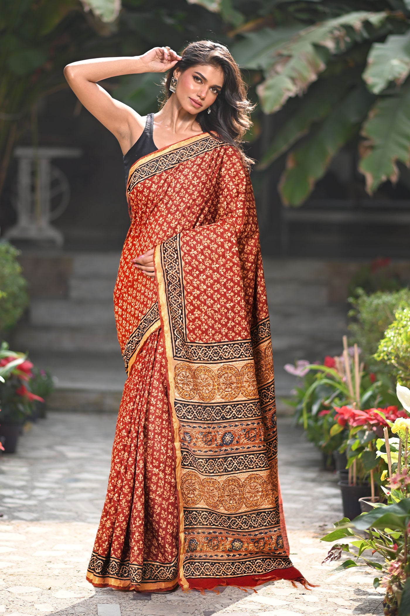 Red Pure Bagru Printed Pashmina Sico Saree-UNM79302