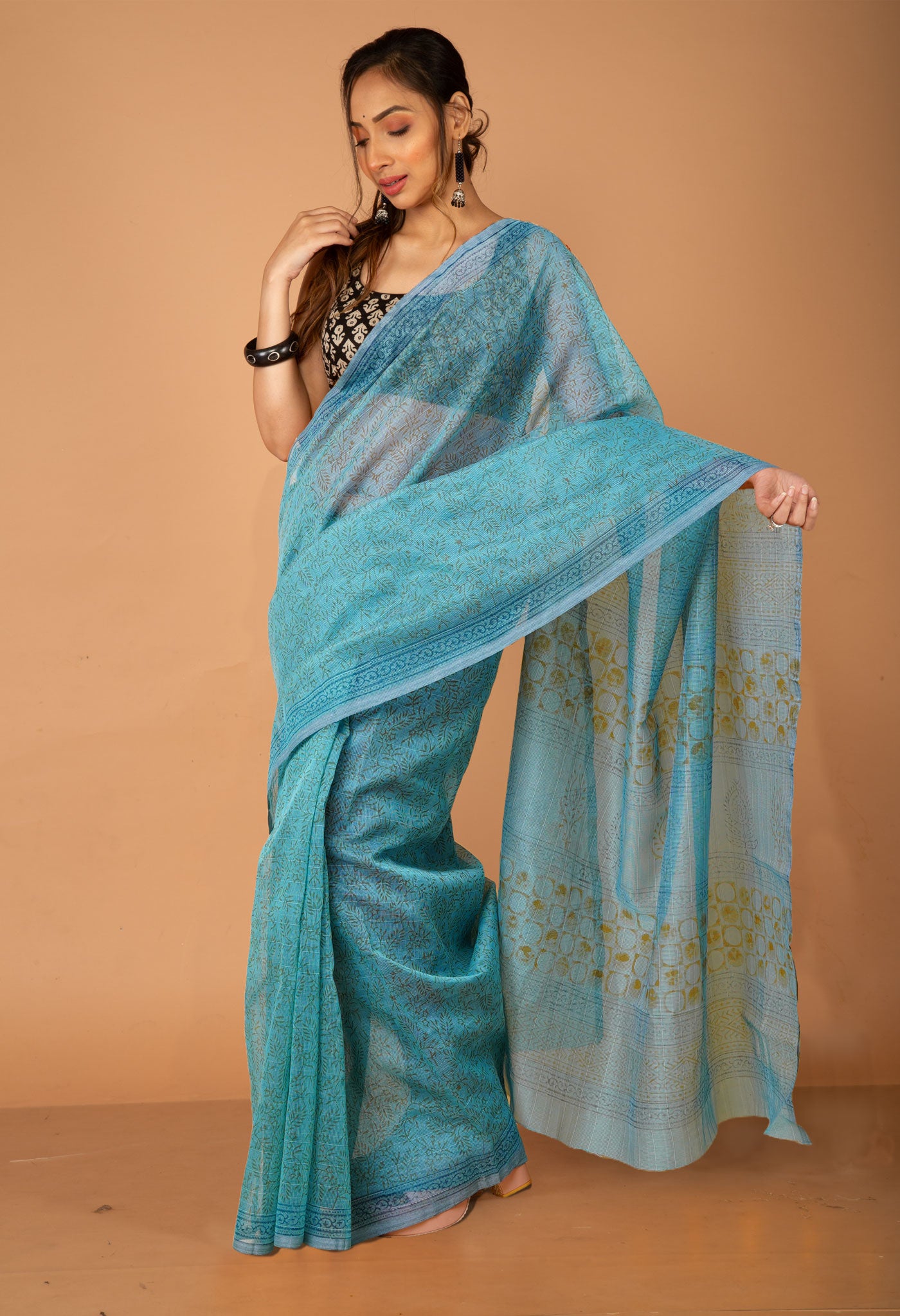 Turquoise Blue  Block Printed Supernet Saree-UNM79430