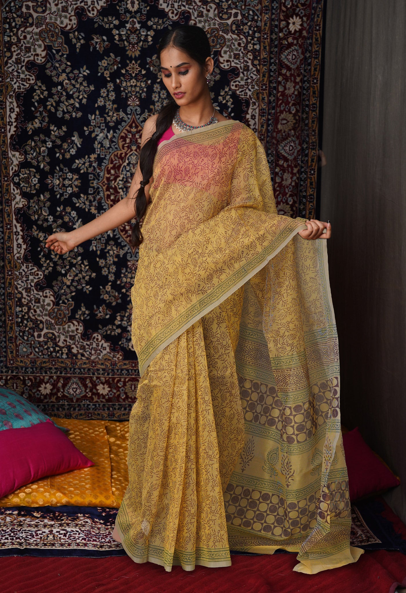 Yellow  Block Printed Supernet Saree-UNM79460