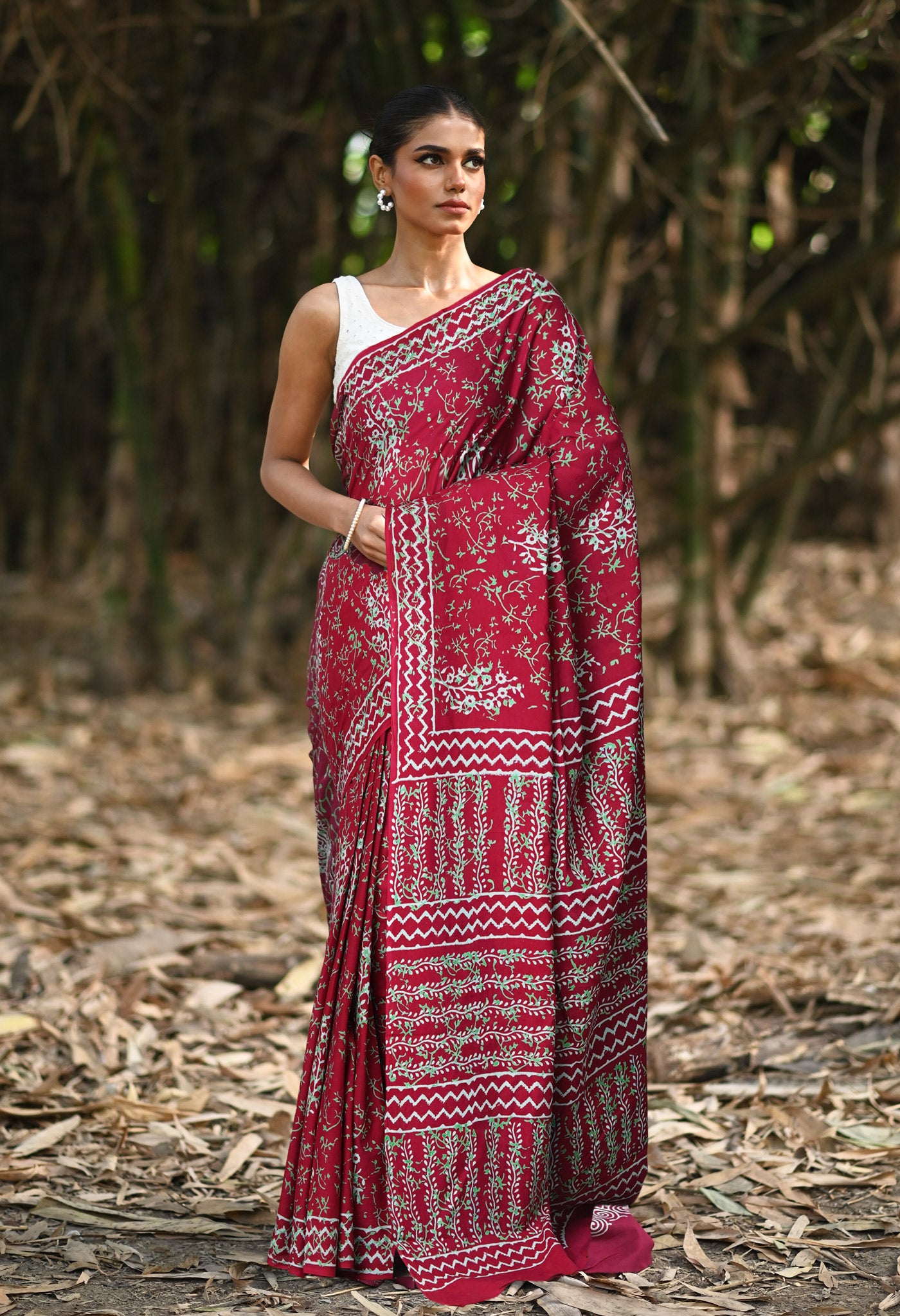 Dark Purple Pure Napthol Hand Block Pinted Soft Cotton Saree-UNM79812