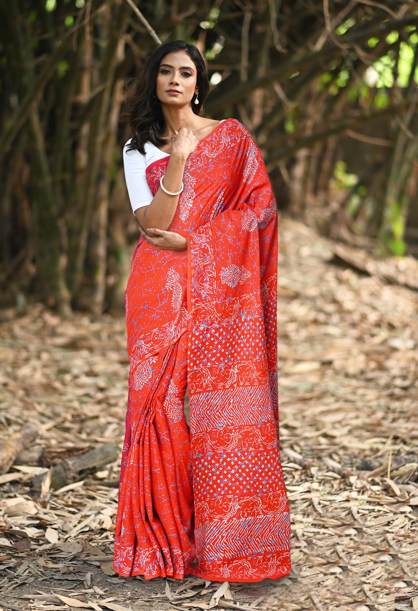 Red Pure Napthol Hand Block Pinted Soft Cotton Saree-UNM79820