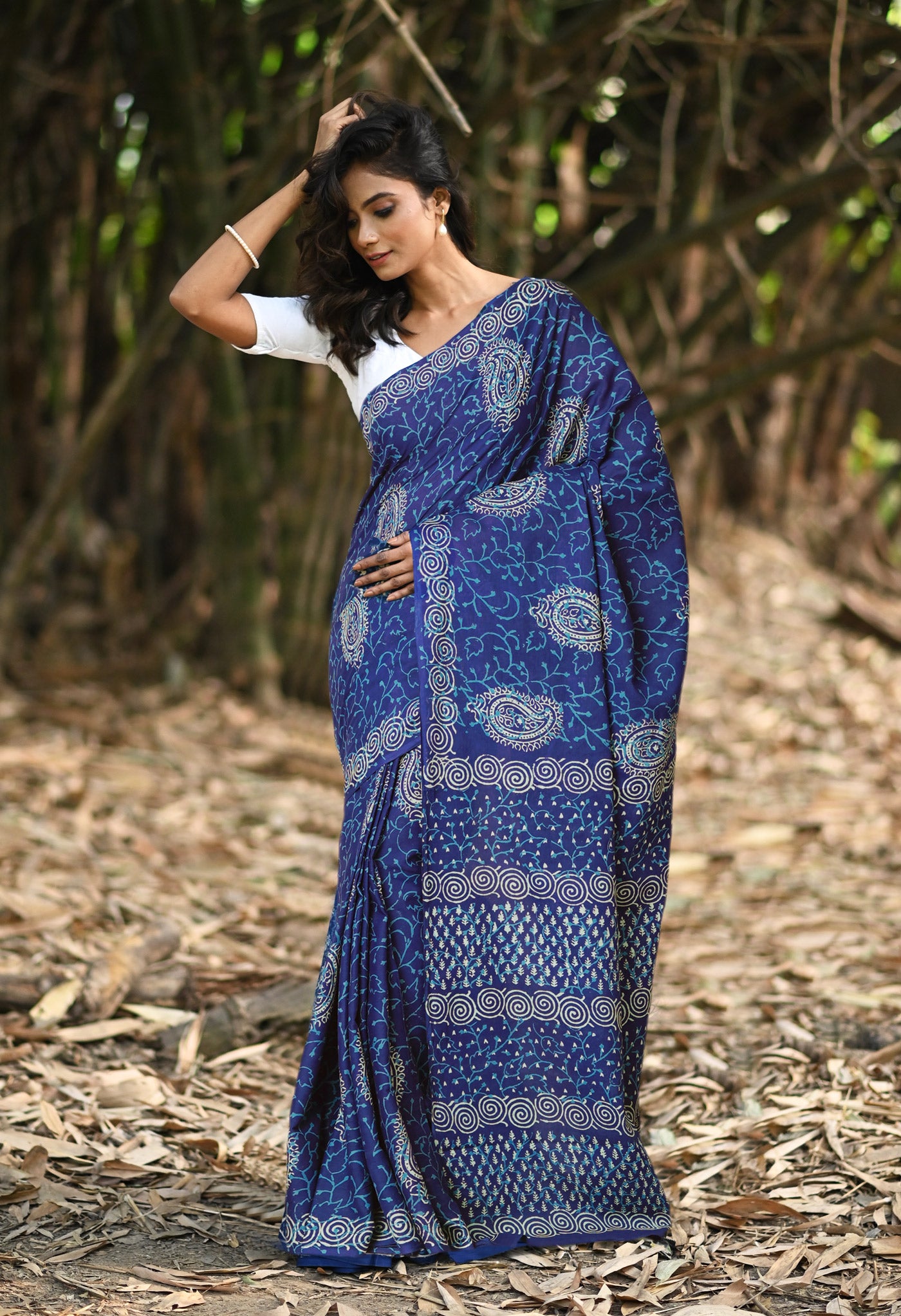 Navy Blue Pure Napthol Hand Block Pinted Soft Cotton Saree-UNM79828