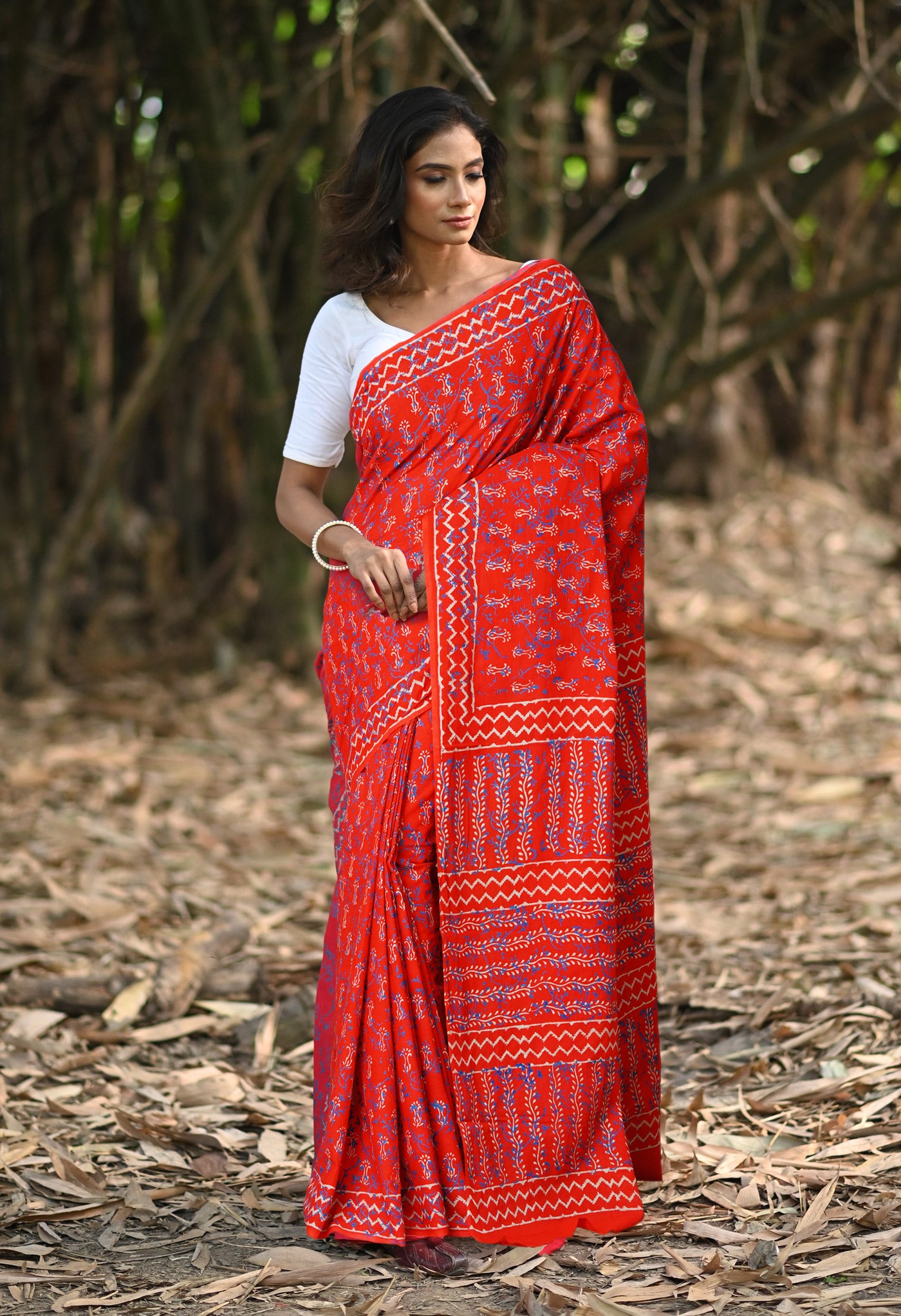 Red Pure Napthol Hand Block Pinted Soft Cotton Saree-UNM79837