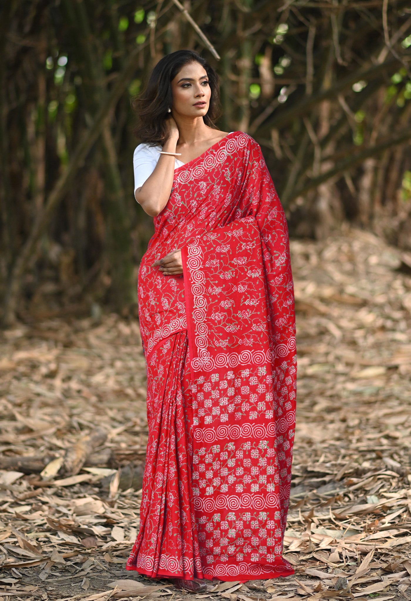 Red Pure Napthol Hand Block Pinted Soft Cotton Saree-UNM79839