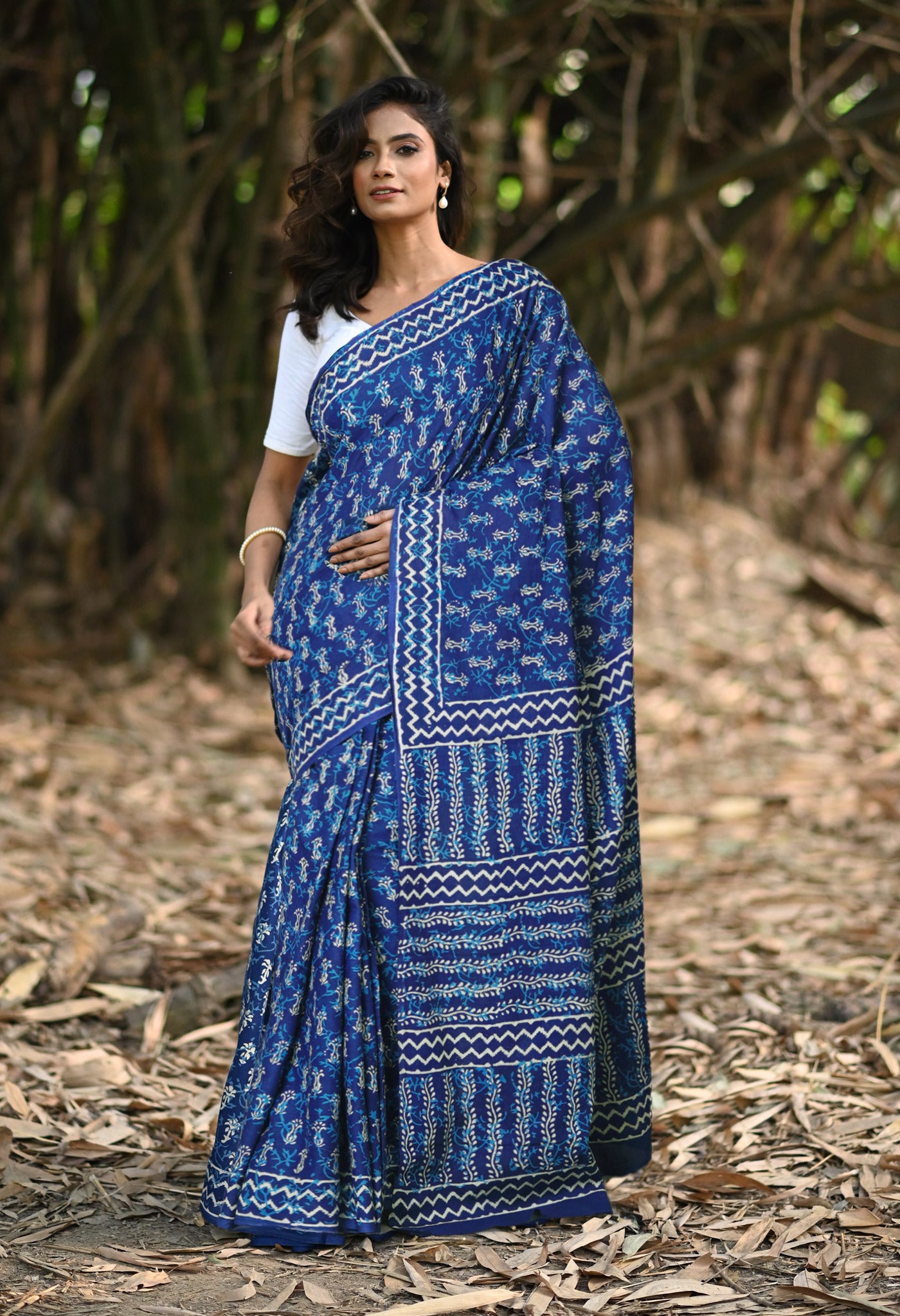Navy Blue Pure Napthol Hand Block Pinted Soft Cotton Saree-UNM79840