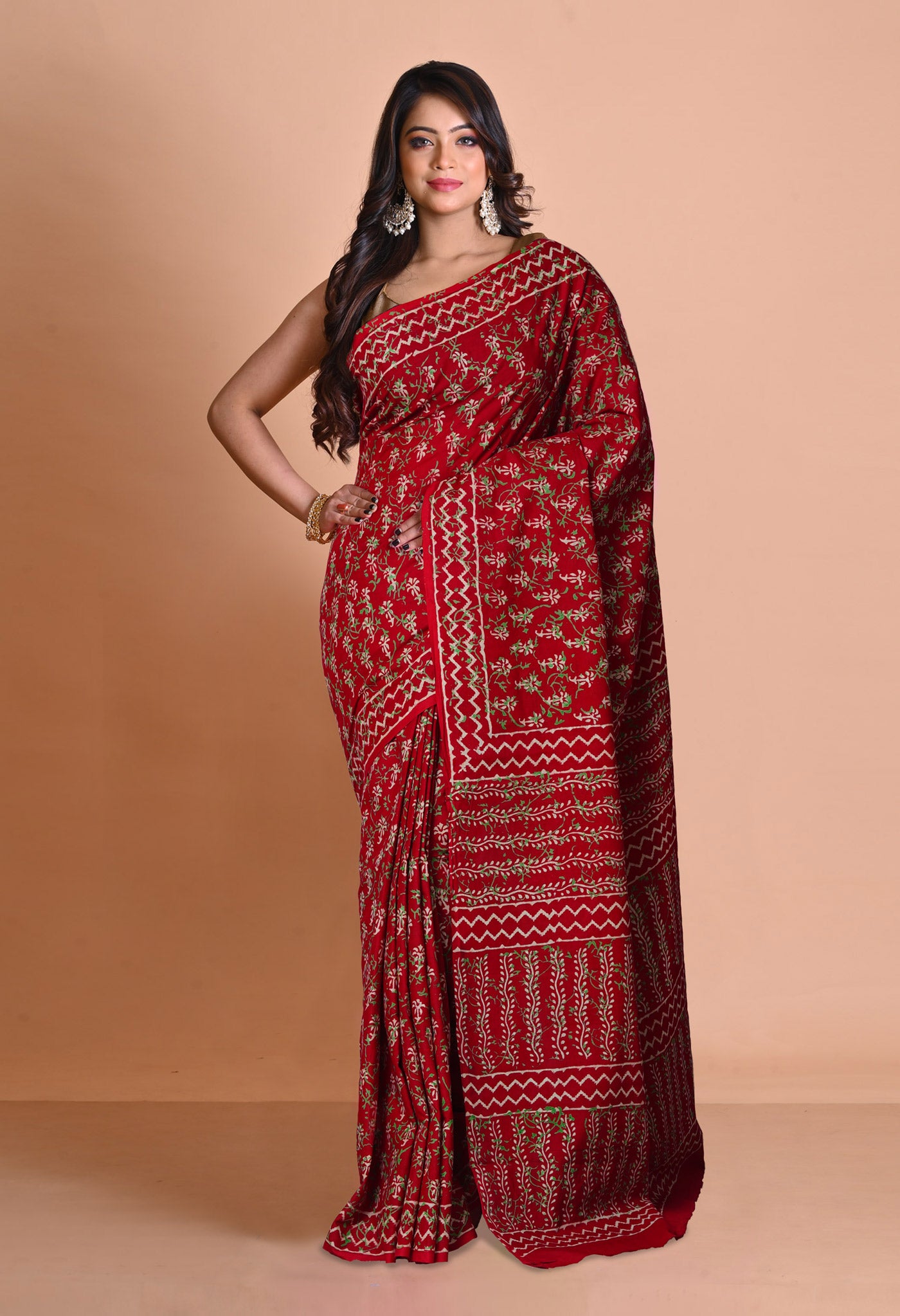 Red Pure Napthol Hand Block Pinted Soft Cotton Saree-UNM79842
