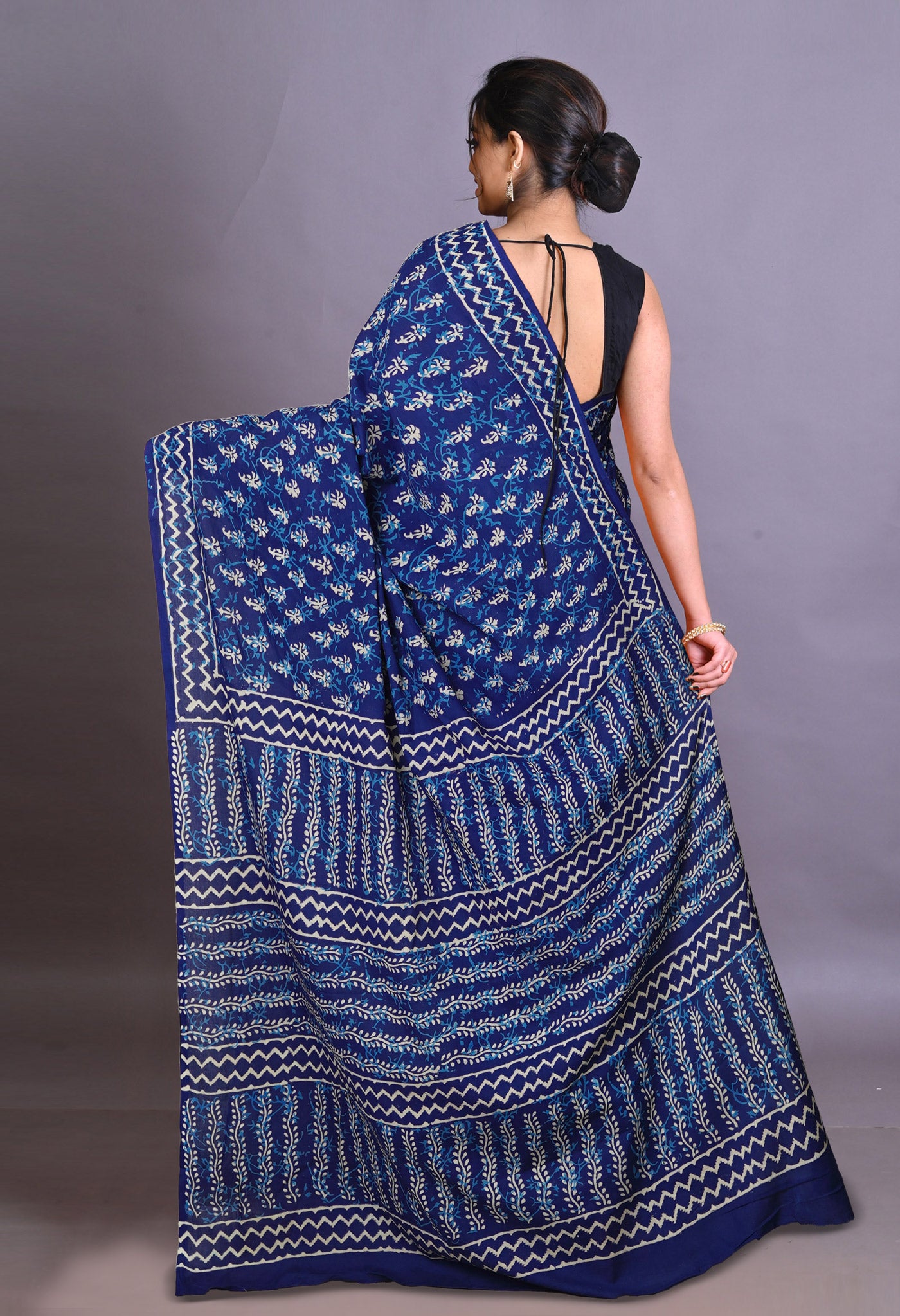 Navy Blue Pure Napthol Hand Block Pinted Soft Cotton Saree-UNM79861