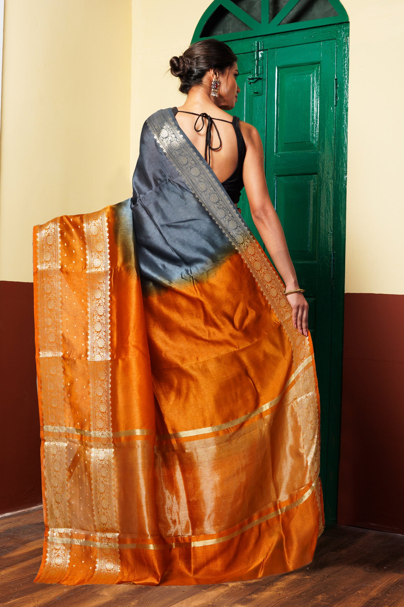 Grey-Brown Pure Dyed Banarasi Organza Saree-UNM80261