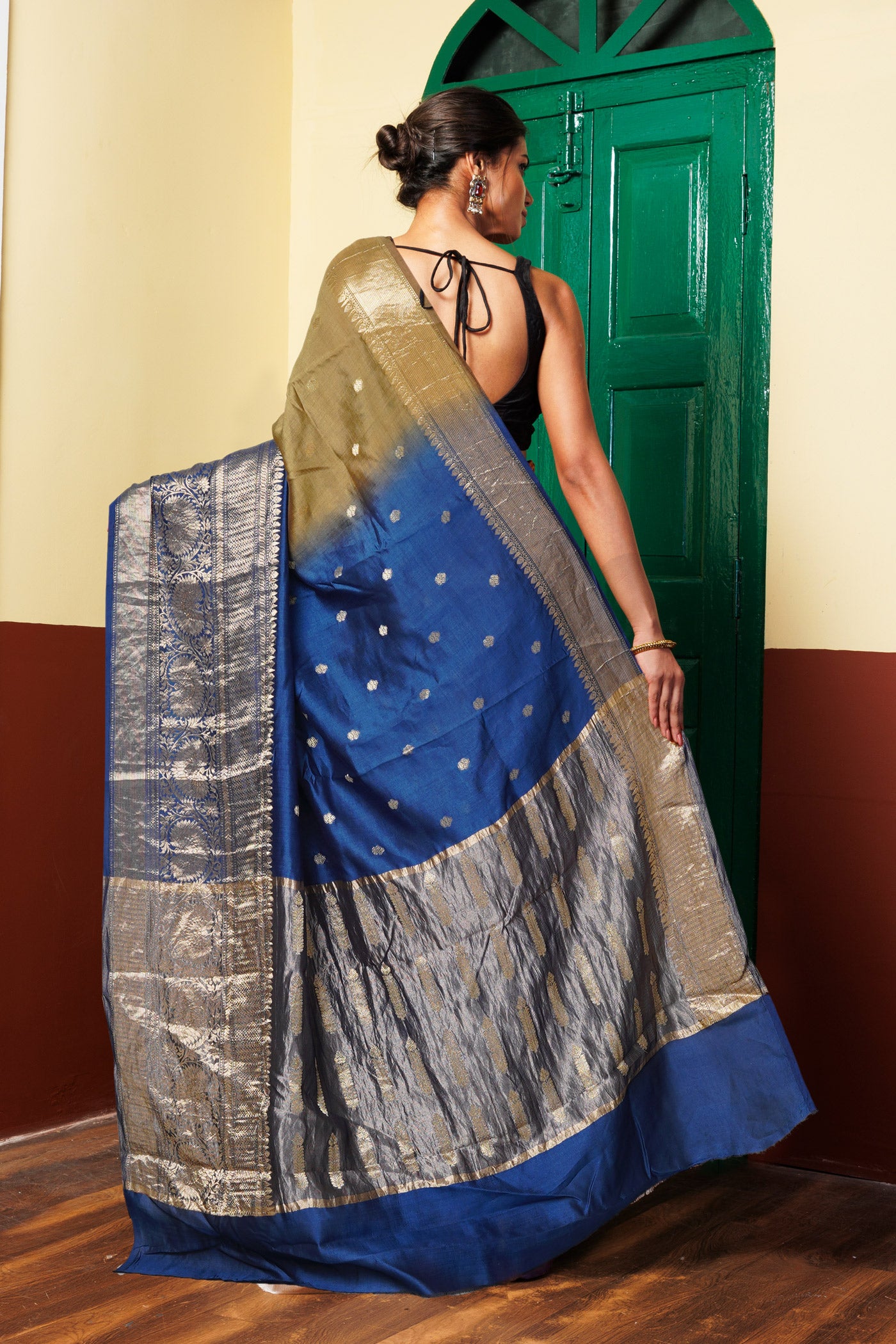 Brown-Blue Pure Dyed Banarasi Chiniya Silk Saree-UNM80268