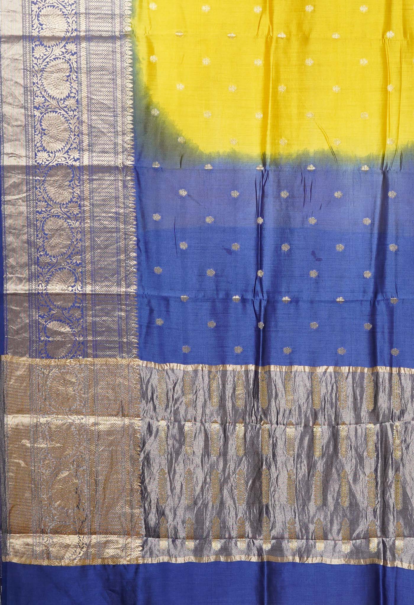 Yellow-Navy Blue Pure Dyed Banarasi Chiniya Silk Saree-UNM80270
