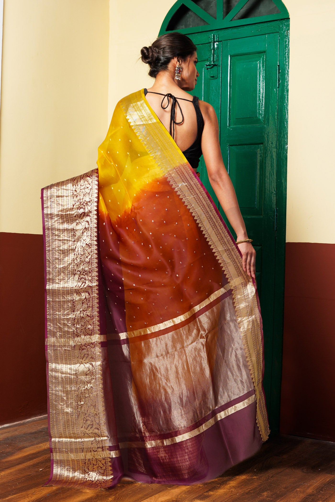 Yellow-Purple Pure Dyed Banarasi Organza Saree-UNM80272