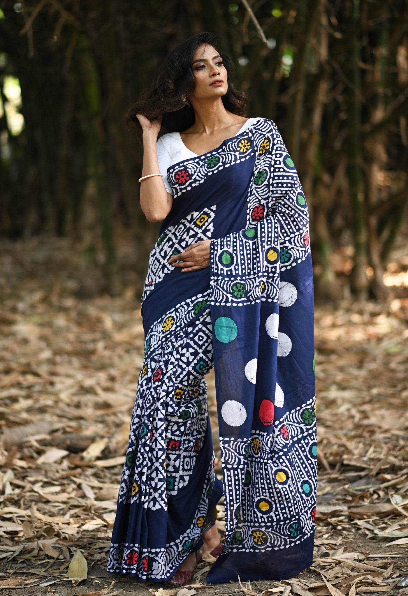 Buy Navy Blue Pure Wax Batik Printed Soft Cotton Saree-UNM80571