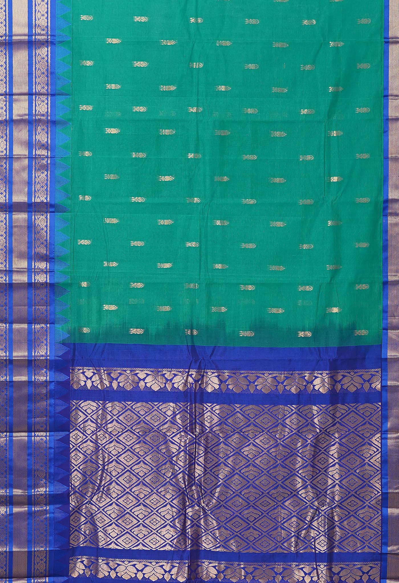 Green-Dark Blue PureHandloom Gadwal Cotton Saree-UNM80713