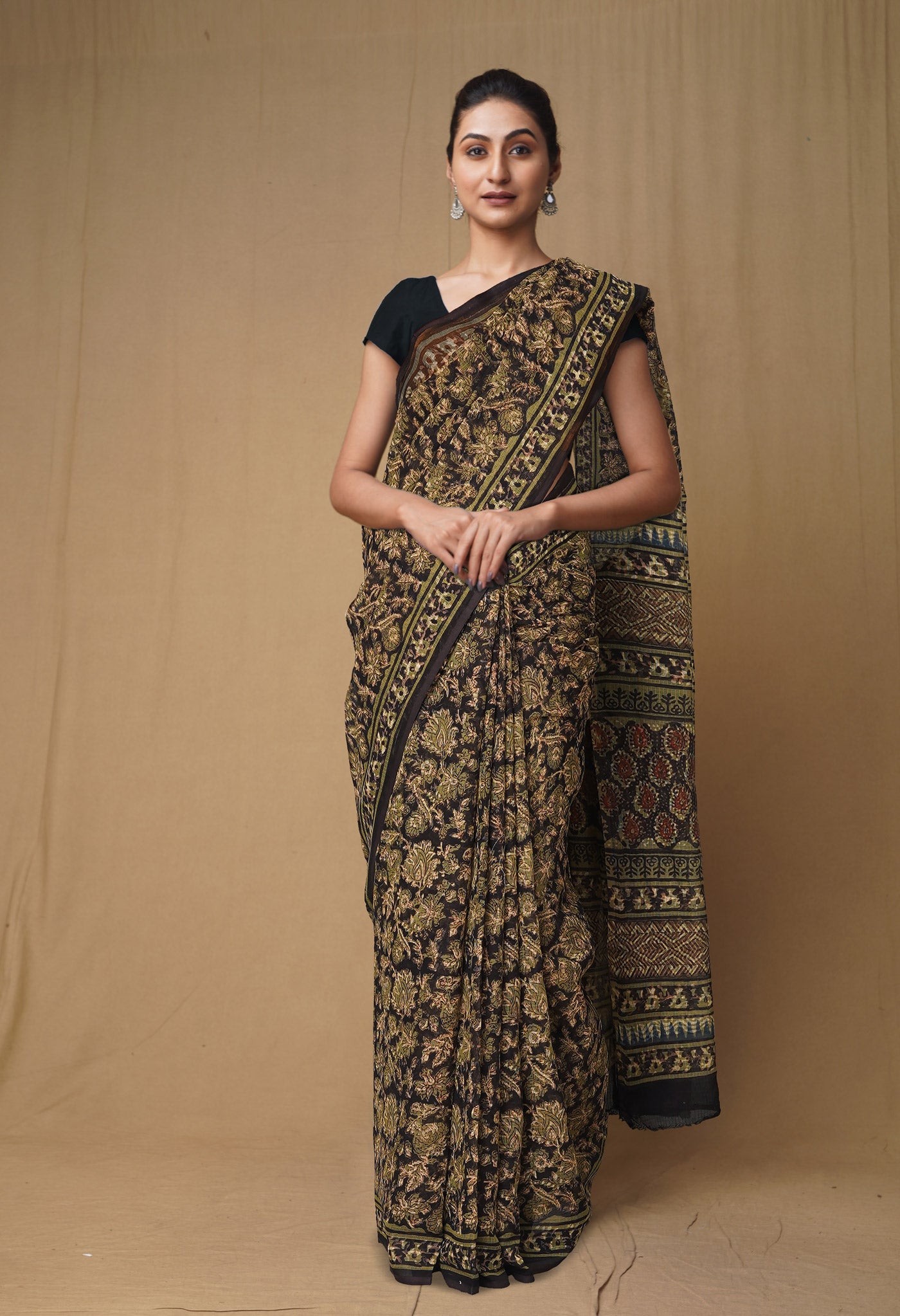 Black Pure Discharge Bagru Printed Kota Saree-UNM80801