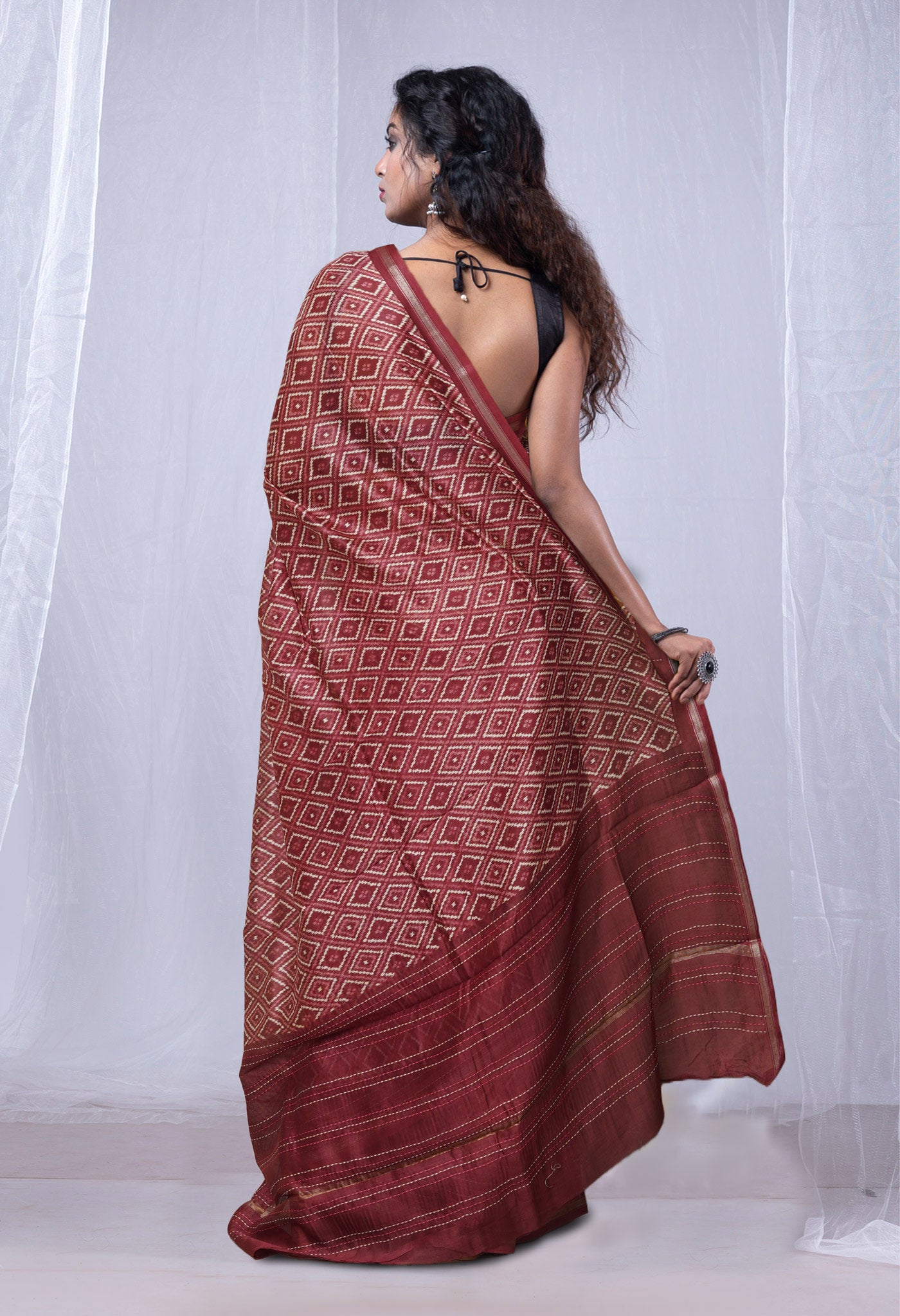 Burgundy Pure Bagru Printed With Kantha work Chanderi Sico Saree-UNM81072