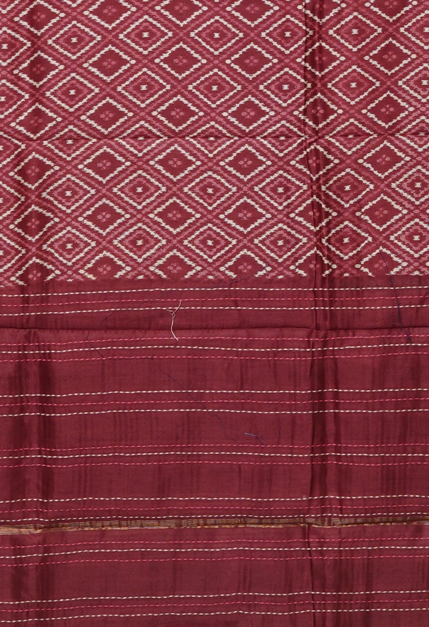 Burgundy Pure Bagru Printed With Kantha work Chanderi Sico Saree-UNM81072