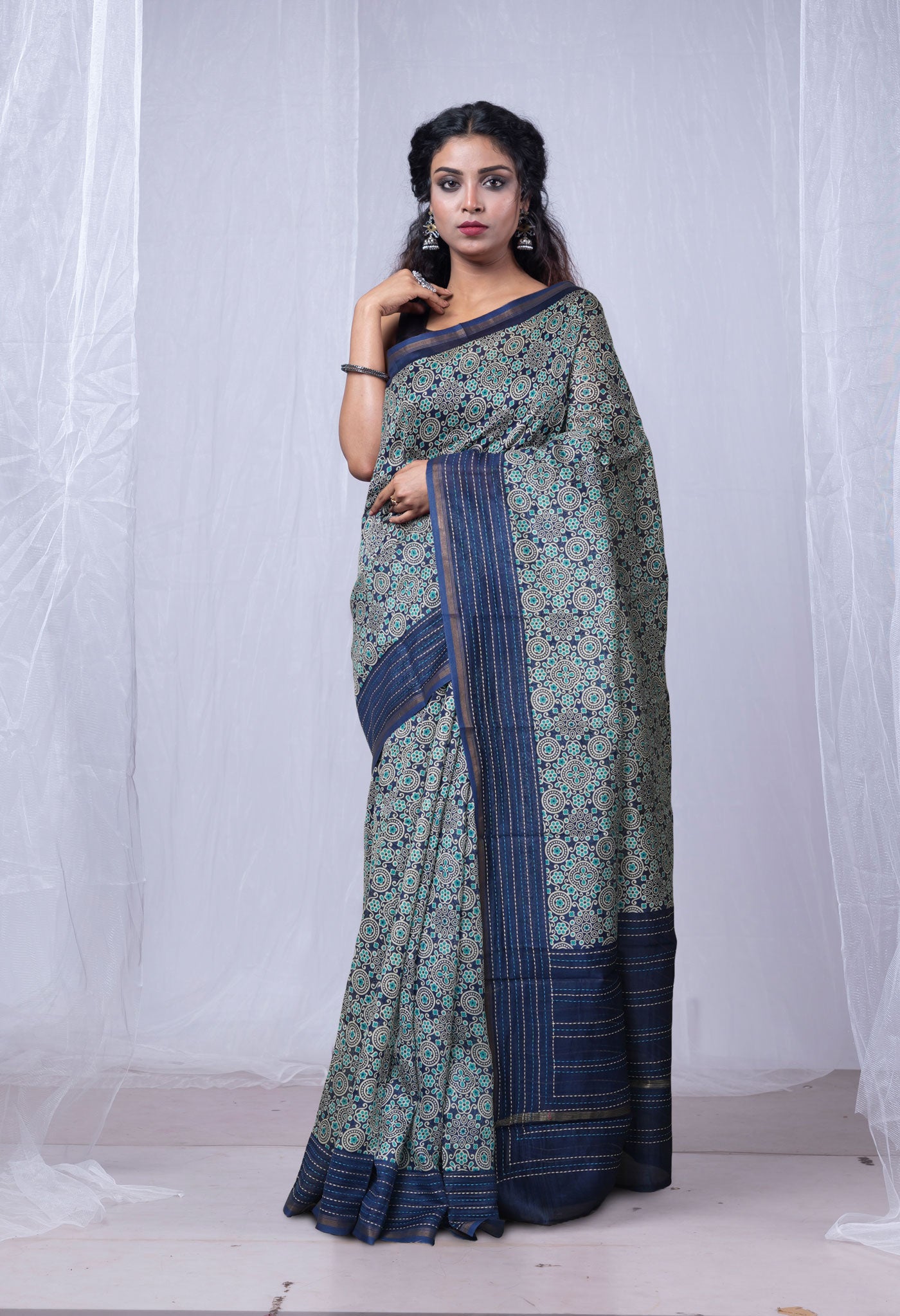 Navy Blue Pure Bagru Printed With Kantha work Chanderi Sico Saree-UNM81081