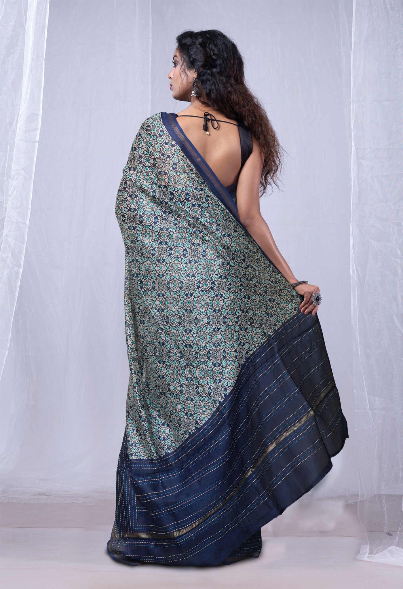 Navy Blue Pure Bagru Printed With Kantha work Chanderi Sico Saree-UNM81081