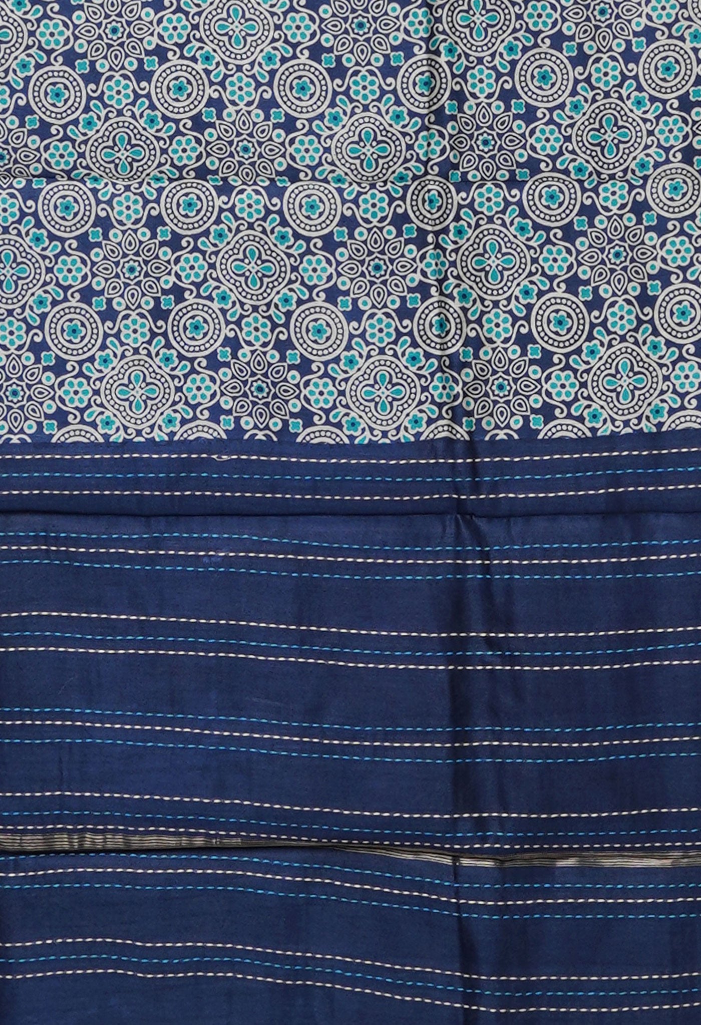 Navy Blue Pure Bagru Printed With Kantha work Chanderi Sico Saree-UNM81081
