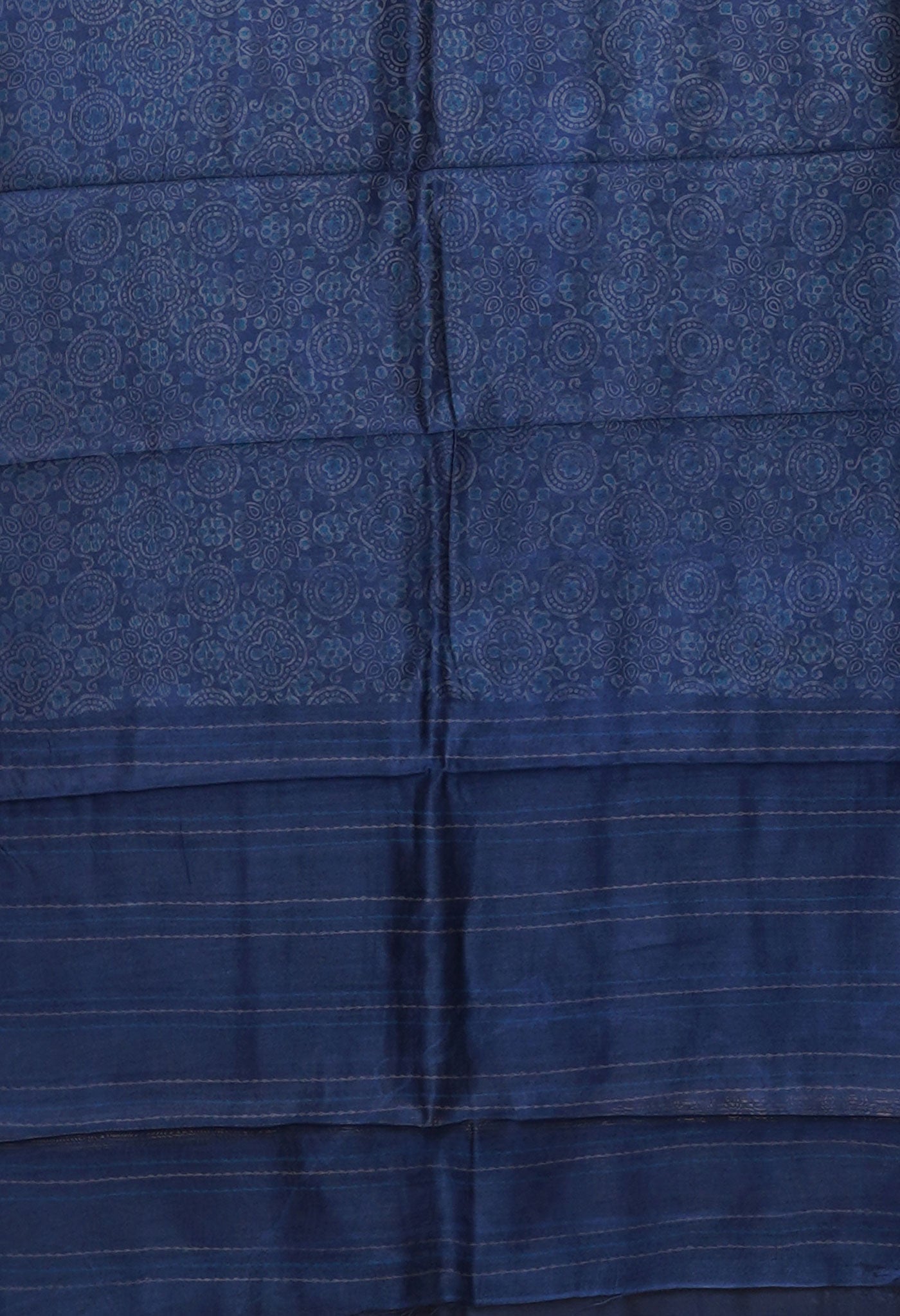 Navy Blue Pure Bagru Printed With Kantha work Chanderi Sico Saree-UNM81081