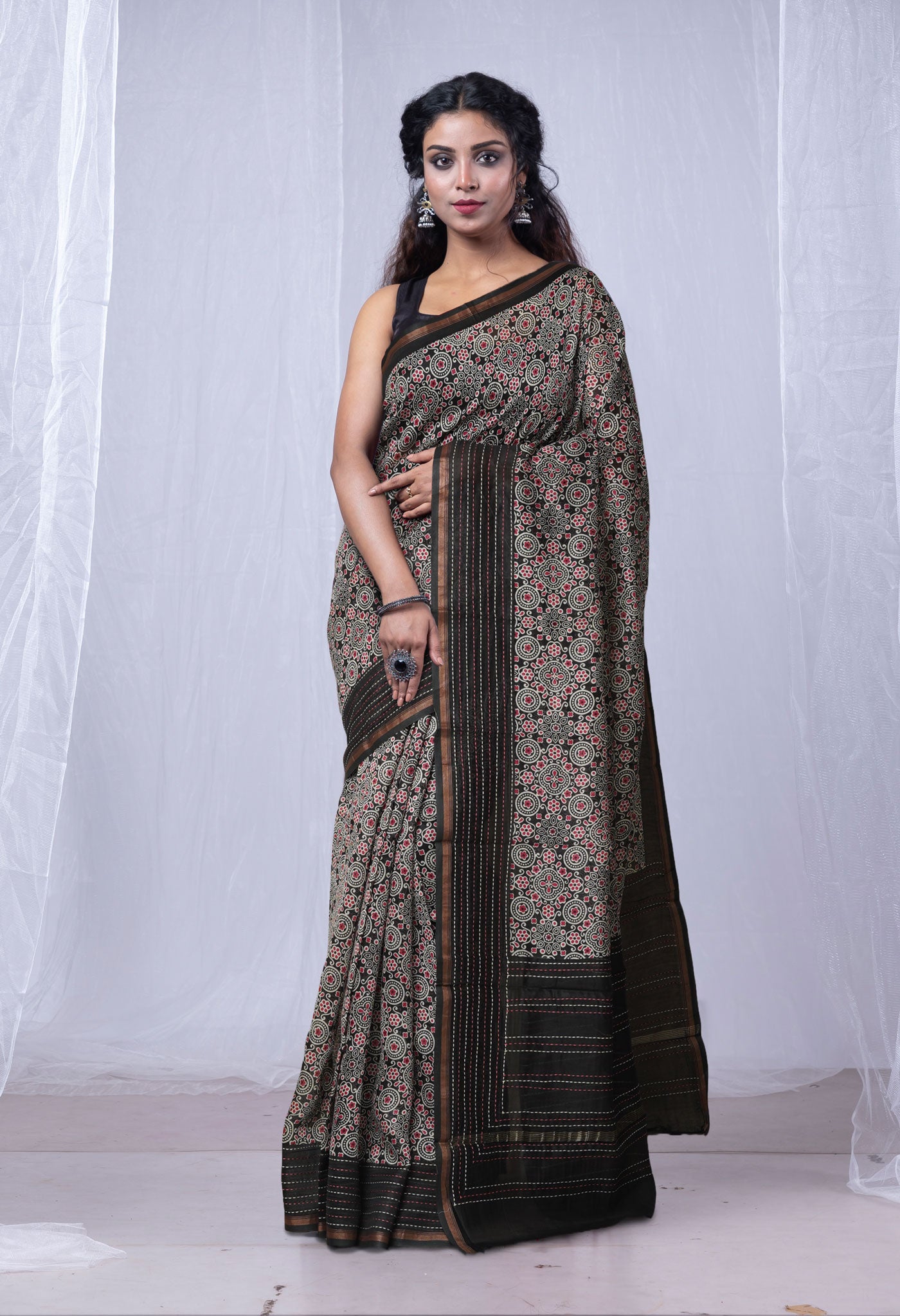 Black Pure Bagru Printed With Kantha work Chanderi Sico Saree-UNM81082