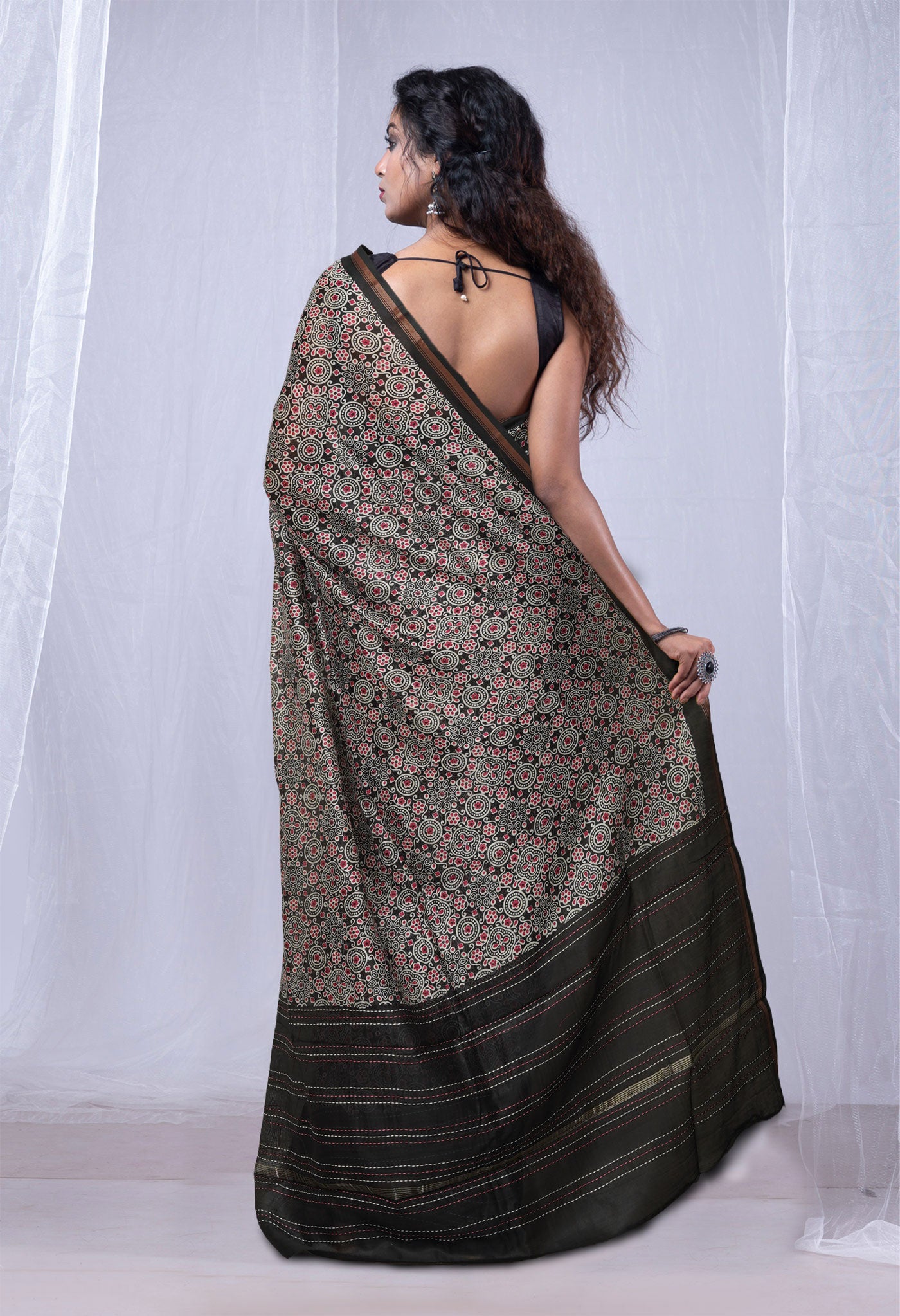 Black Pure Bagru Printed With Kantha work Chanderi Sico Saree-UNM81082