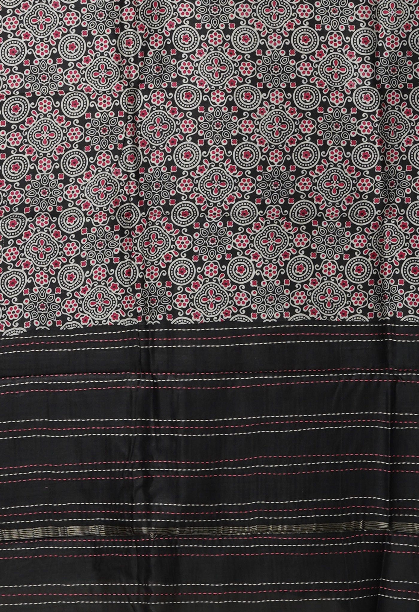 Black Pure Bagru Printed With Kantha work Chanderi Sico Saree-UNM81082