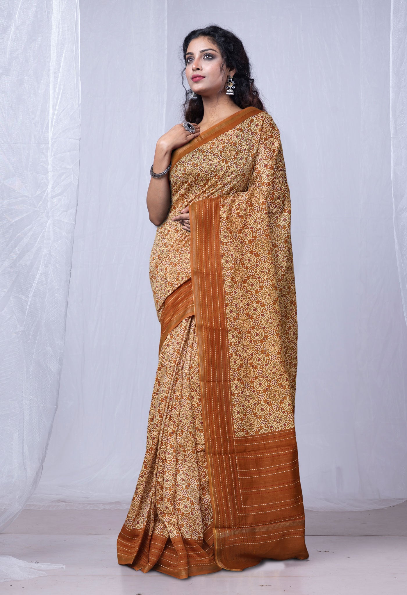 Brown Pure Bagru Printed With Kantha work Chanderi Sico Saree-UNM81083