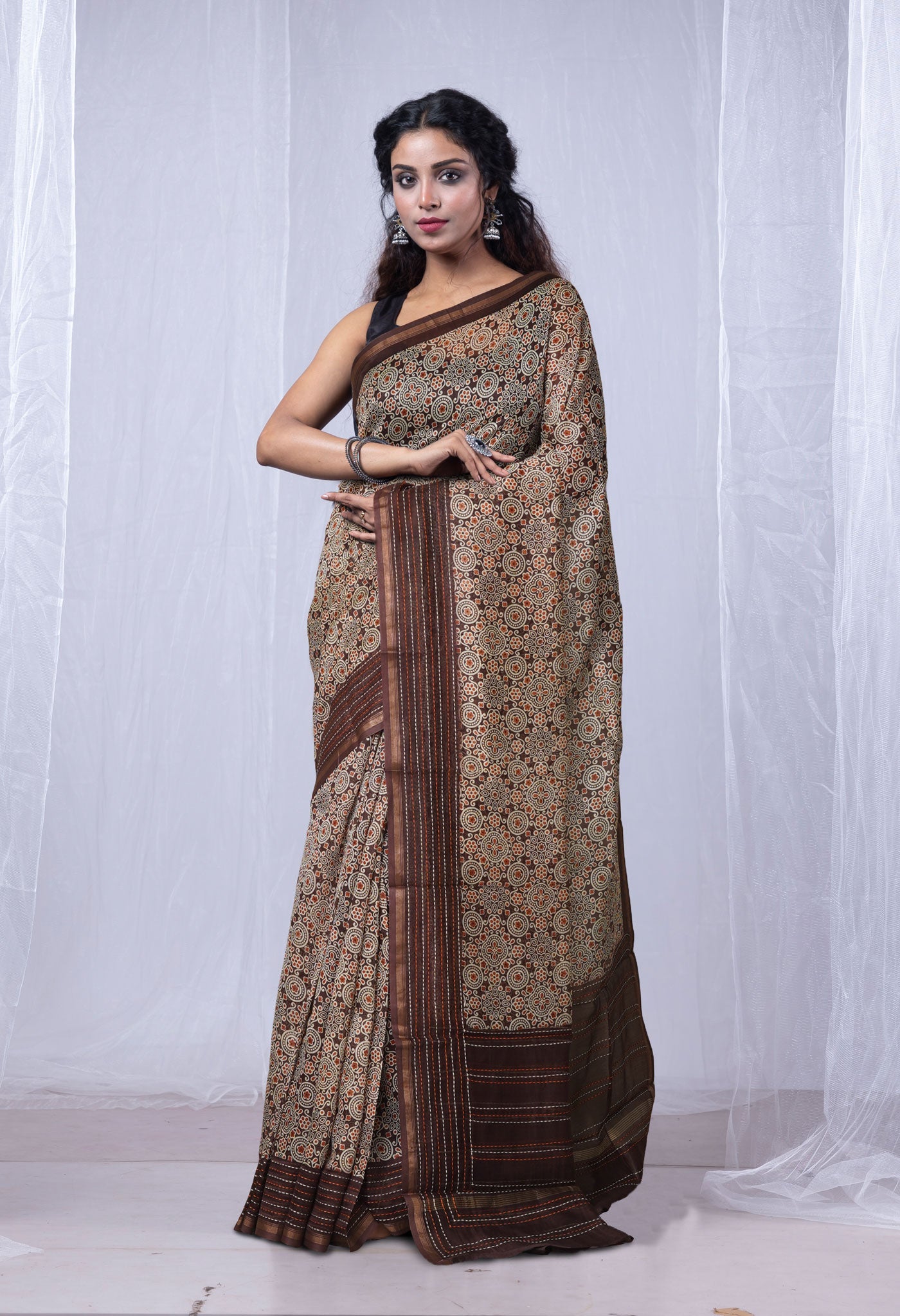 Dark Brown Pure Bagru Printed With Kantha work Chanderi Sico Saree-UNM81084