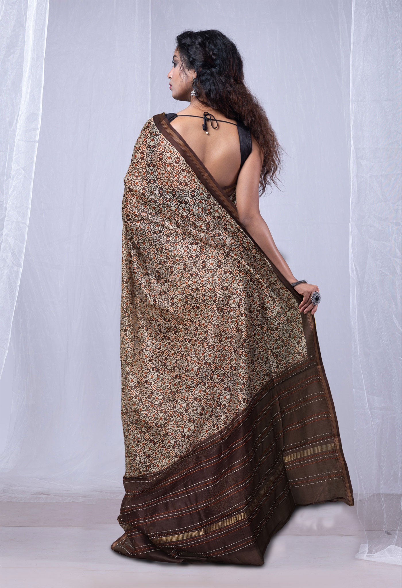 Dark Brown Pure Bagru Printed With Kantha work Chanderi Sico Saree-UNM81084