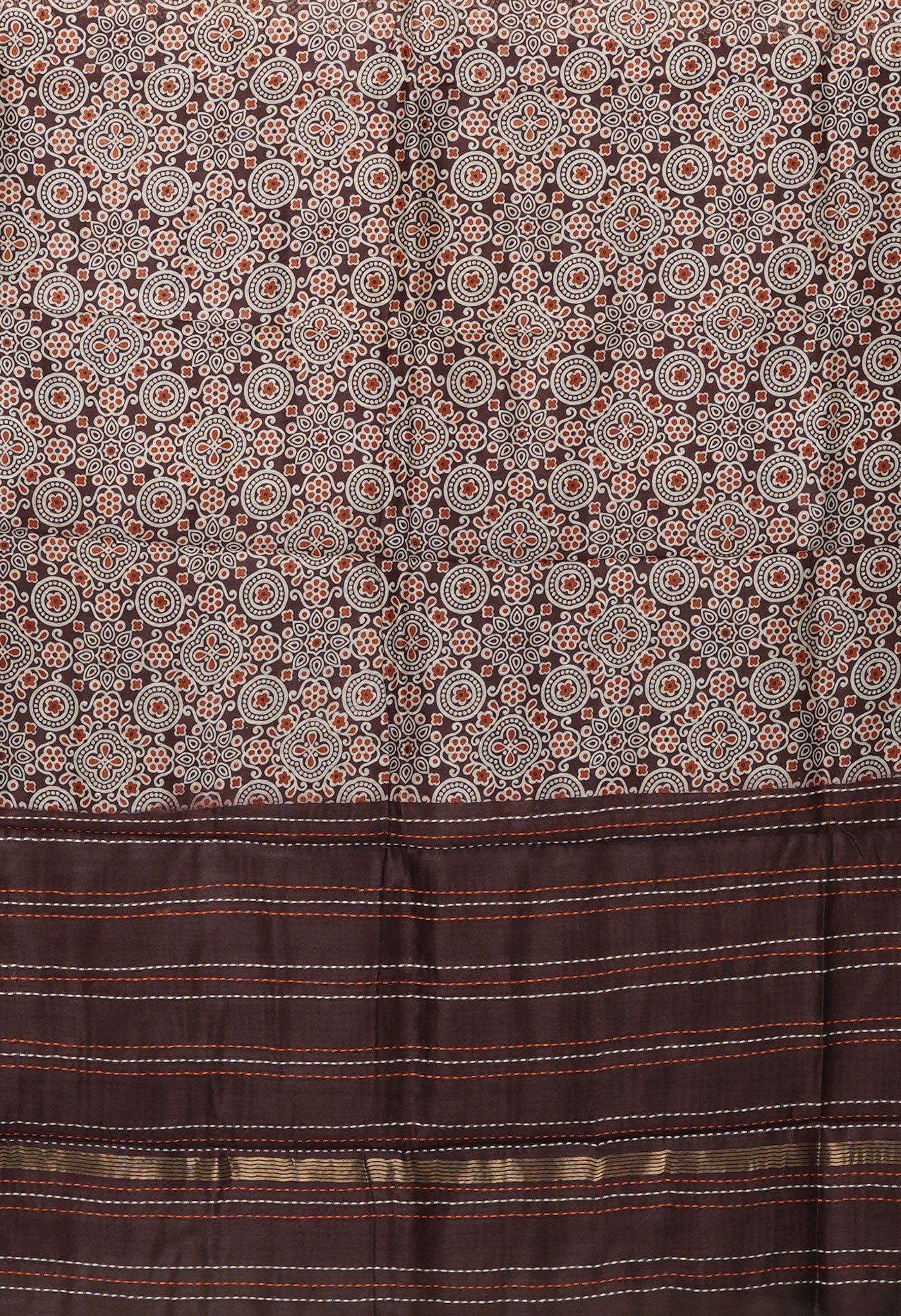 Dark Brown Pure Bagru Printed With Kantha work Chanderi Sico Saree-UNM81084