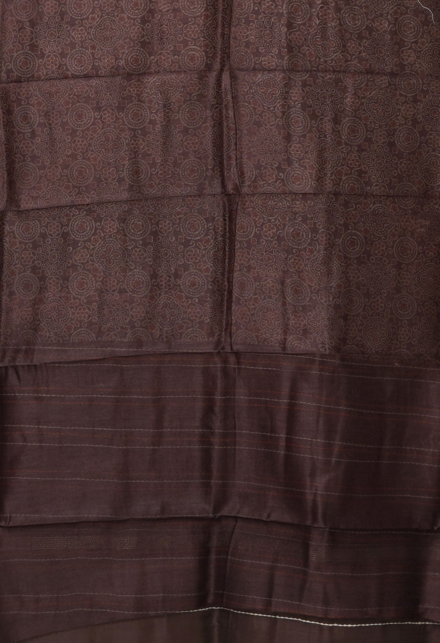Dark Brown Pure Bagru Printed With Kantha work Chanderi Sico Saree-UNM81084