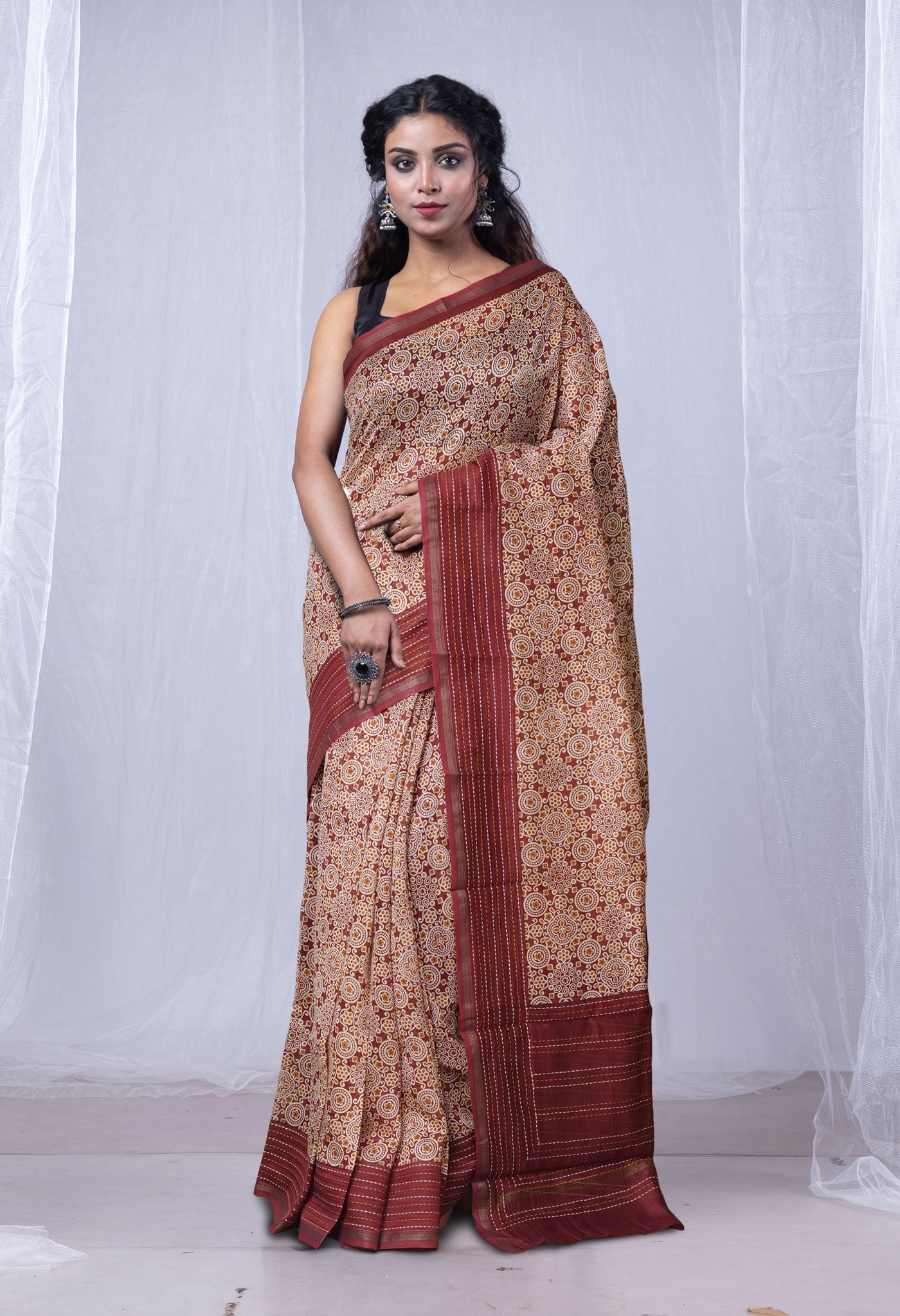 Burgundy Pure Bagru Printed With Kantha work Chanderi Sico Saree-UNM81085