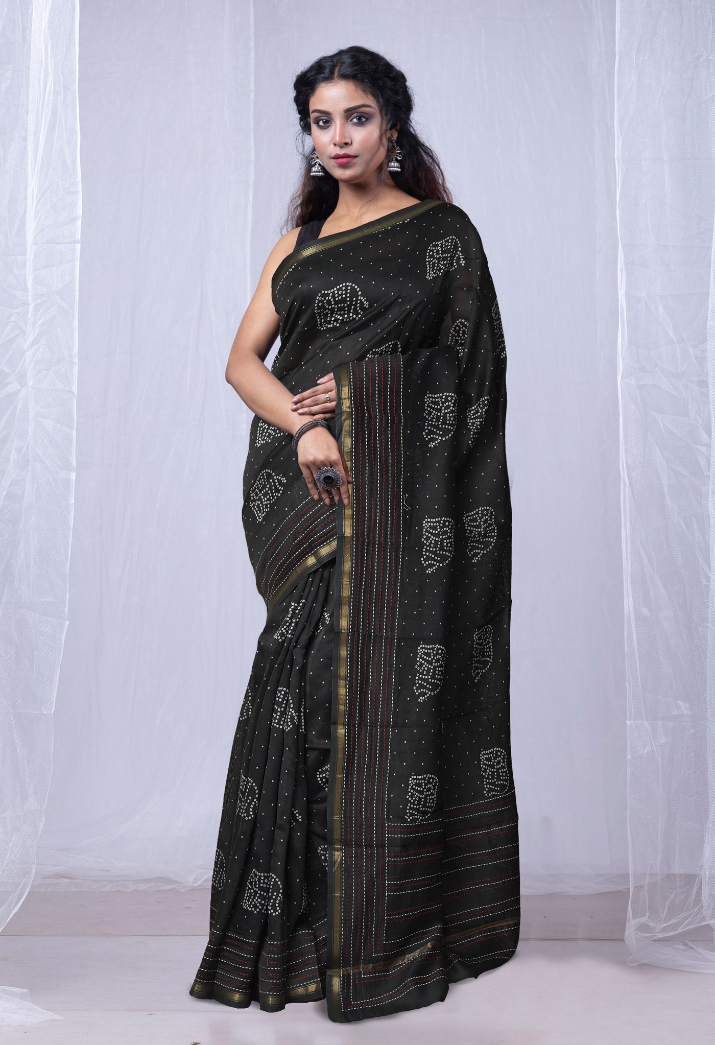 Black Pure Bagru Printed With Kantha work Chanderi Sico Saree-UNM81086