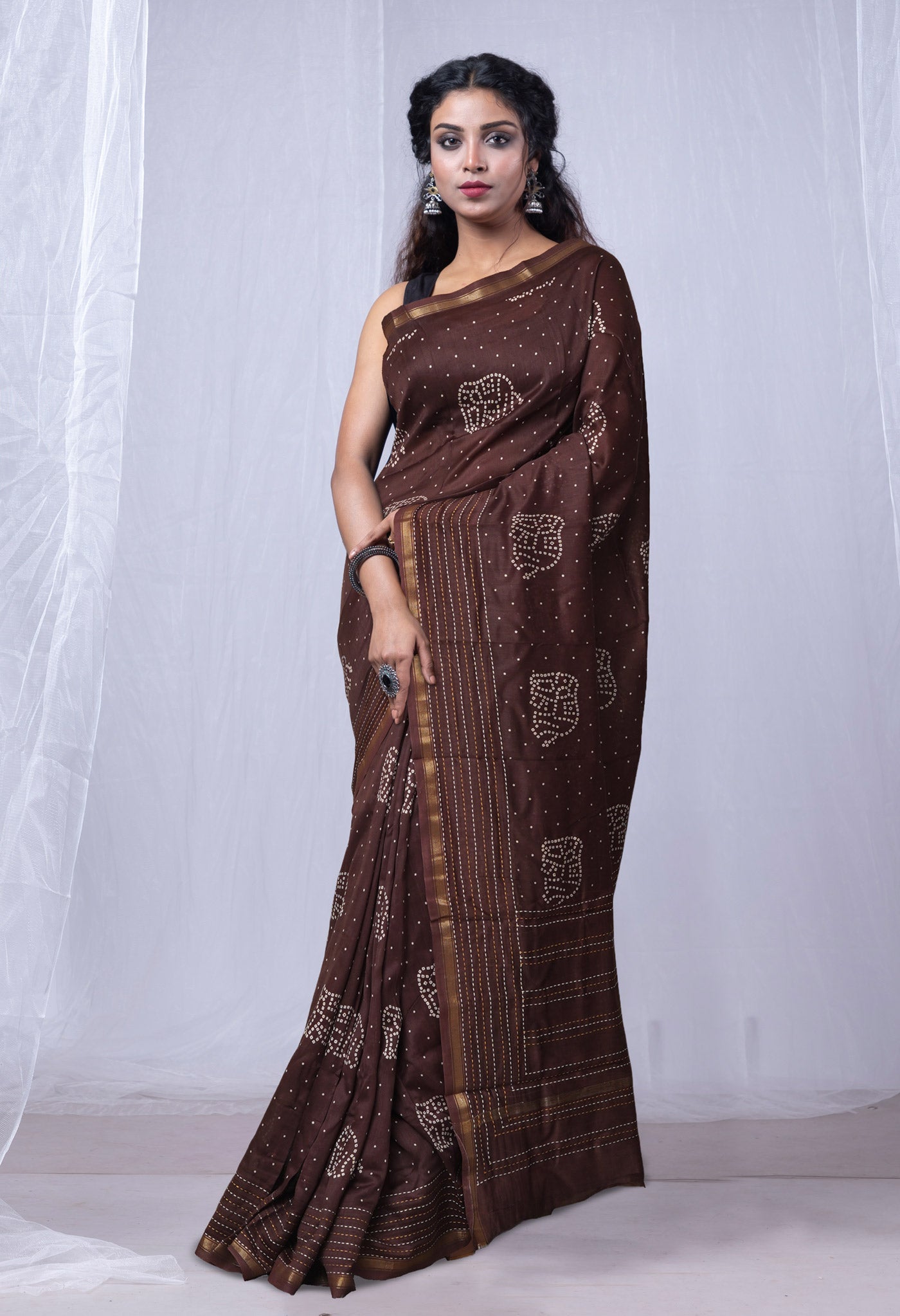 Dark Brown Pure Bagru Printed With Kantha work Chanderi Sico Saree-UNM81088