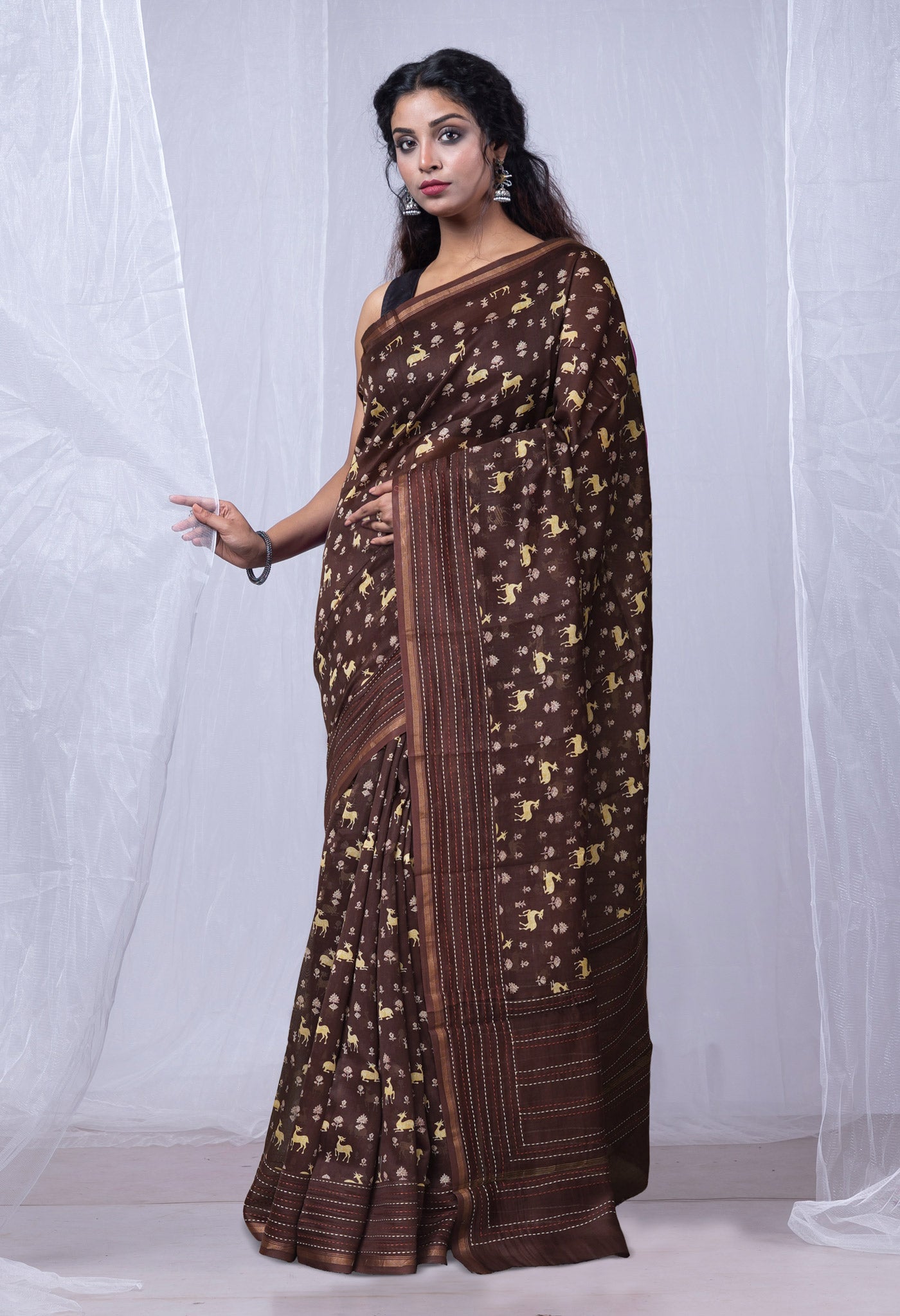 Dark Brown Pure Bagru Printed With Kantha work Chanderi Sico Saree-UNM81091