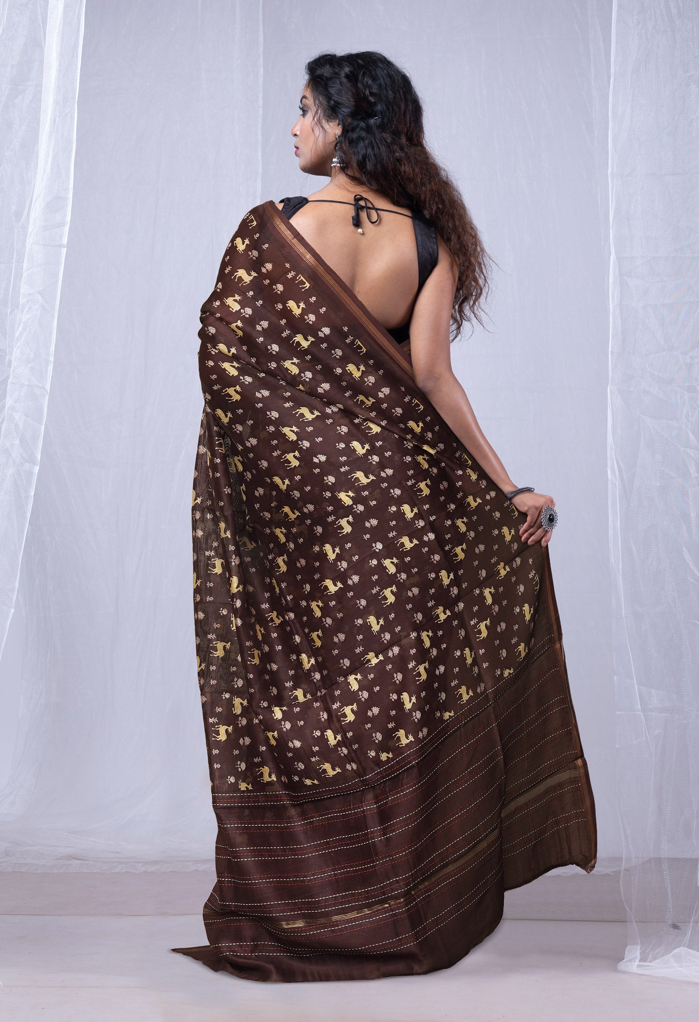 Dark Brown Pure Bagru Printed With Kantha work Chanderi Sico Saree-UNM81091