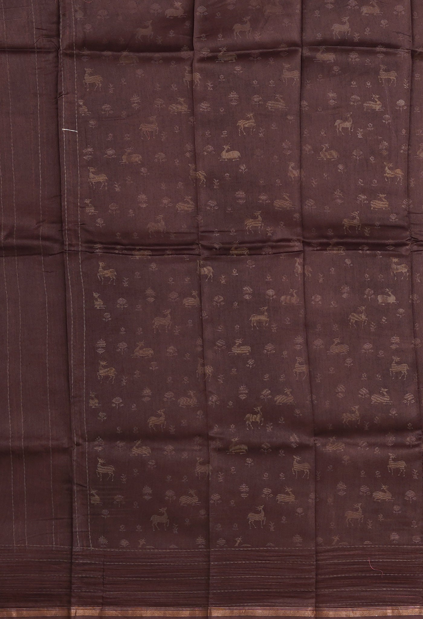 Dark Brown Pure Bagru Printed With Kantha work Chanderi Sico Saree-UNM81091
