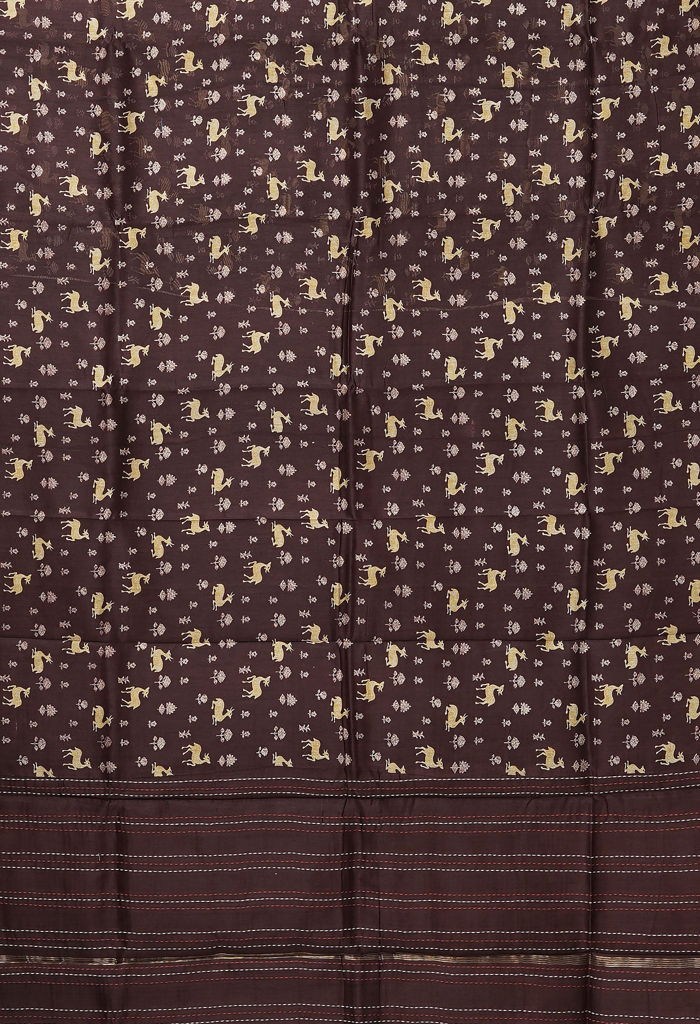 Dark Brown Pure Bagru Printed With Kantha work Chanderi Sico Saree-UNM81091